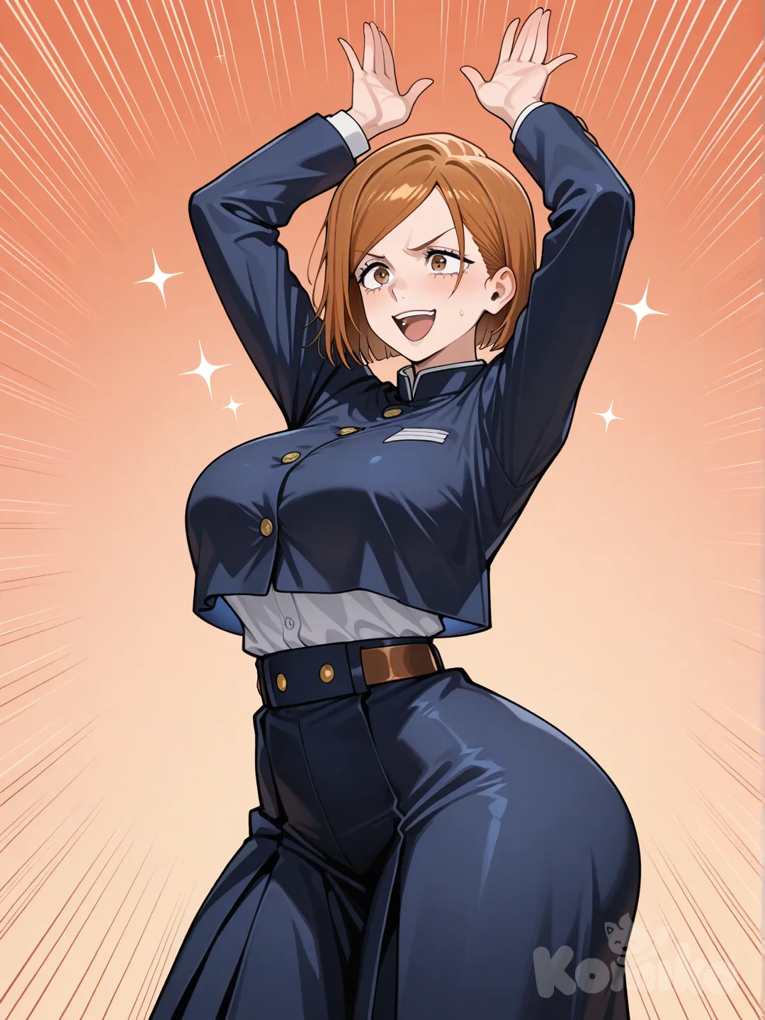 @Kugisaki_Nobara hands in air, big breasts, huge ass