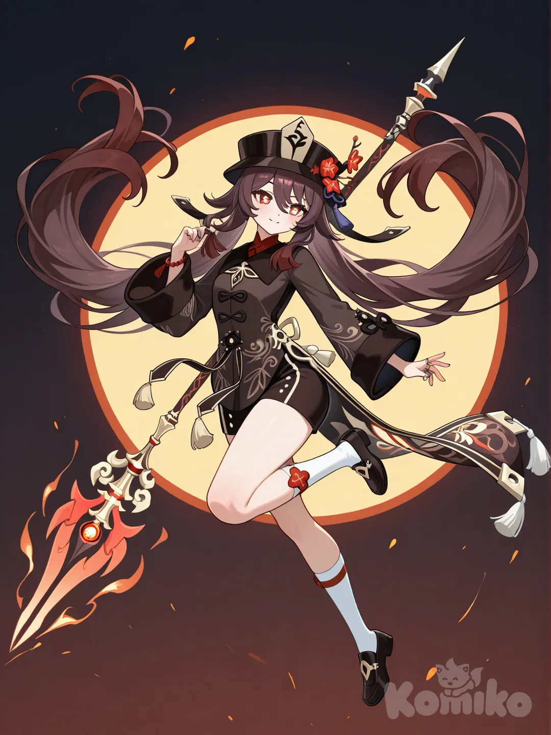 @Hu_Tao_(Genshin_Impact), playing with spear, one leg in air