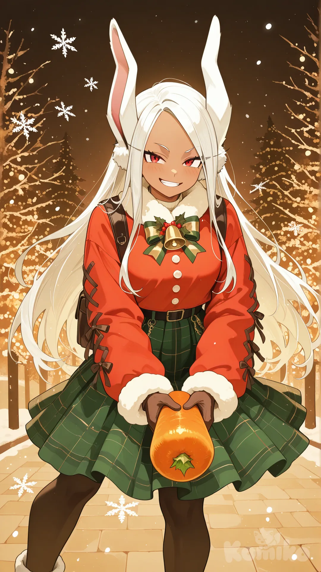 Mirko poses for a Christmas holiday card: wearing a Santa-inspired variation of her hero costume, holding a giant carrot candy cane, surrounded by snowflakes and bright lights. Her fierce attitude turns into a playful smirk when someone off-camera brags how ‘adorable’ she looks.”