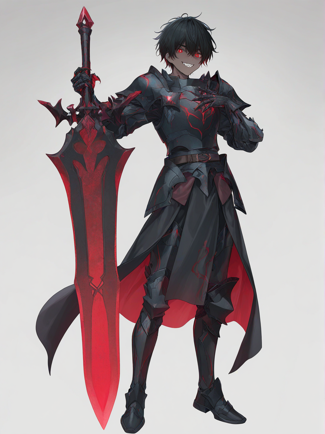 [soft-pastel-style] 1boy, dark skin, warrior, messy hair, black hair, glowing eyes, red eyes, black armor, sleek armor, matte armor, shoulder armor, chest plate, clawed gloves, smile, sharp teeth, fang, confident expression, sinister smile, hand on own chest, standing, holding large sword, single character, full body, looking at viewer, anime style, simple background, white background