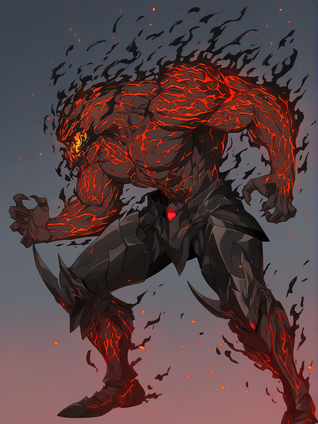 1boy, large_build, broad_shoulders, straight_posture, leaning_forward, black_armor, matte_black, deep_black, red_glow, glowing_scars, infernal_runes, runes_on_forearms, runes_on_torso, pulsing_glow, black_fire_head, spherical_head, dense_black_flames, red_embers, floating_particles, no_cape, single character, full body, anime style, simple background, white background, [bright-anime-style]