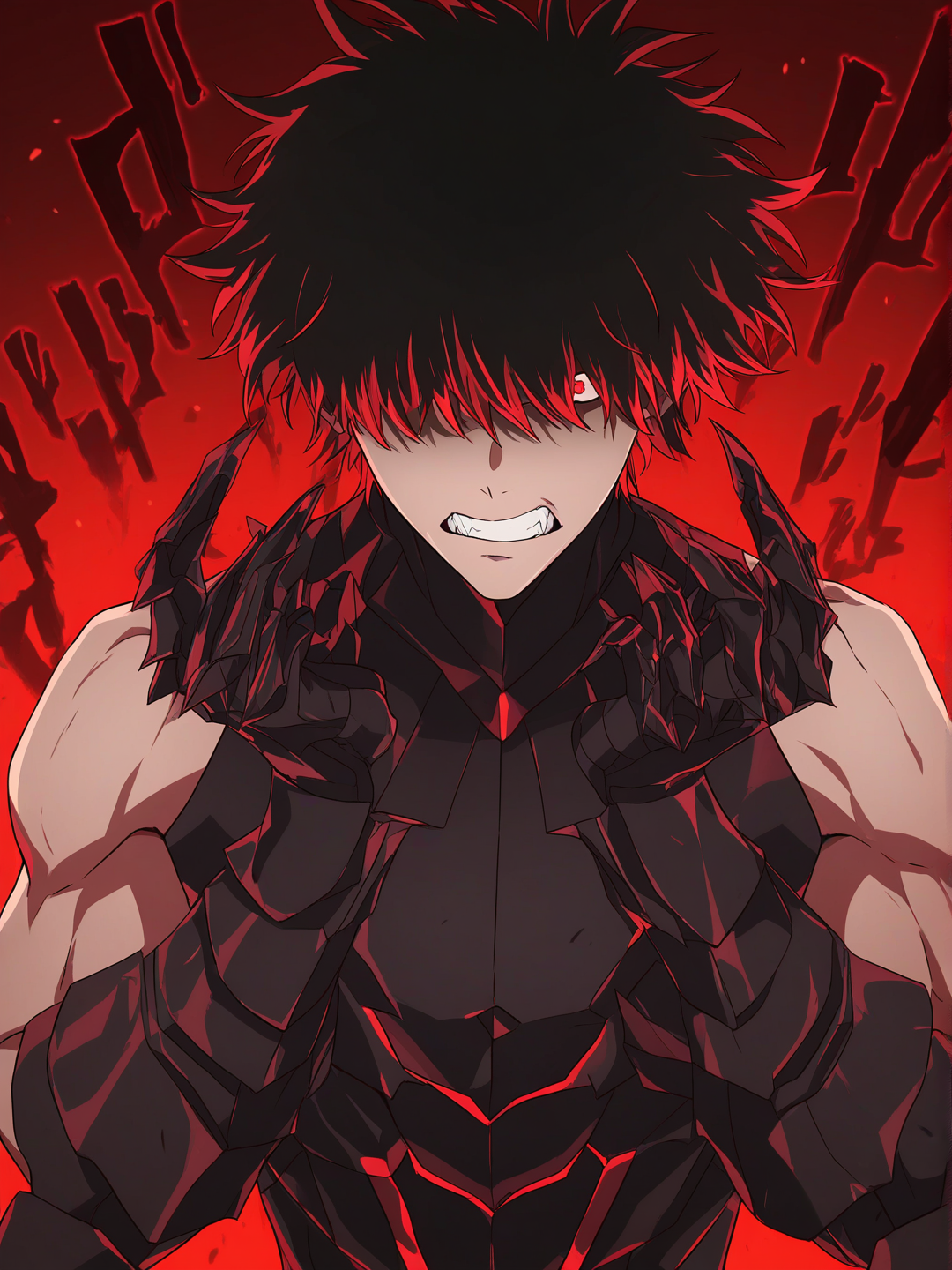 Un homme humain,couleur de peaux noir, corpulence athlétique, vêtu d’une armure noire taillée dans un métal sombre aux reflets d’obsidienne, sans casque. Il a les cheveux noirs, légèrement ébouriffés, tombant sur le front. Son visage est anguleux, ses yeux brillent d’un rouge intense. Il porte des gants noirs renforcés dont chaque doigt se termine par une griffe métallique pointue. Il se tient debout, posture confiante et menaçante, éclairage dramatique mettant en valeur l’éclat rouge de ses yeux et les reflets sombres de son armure., [bright-anime-style], white background, clenched hands