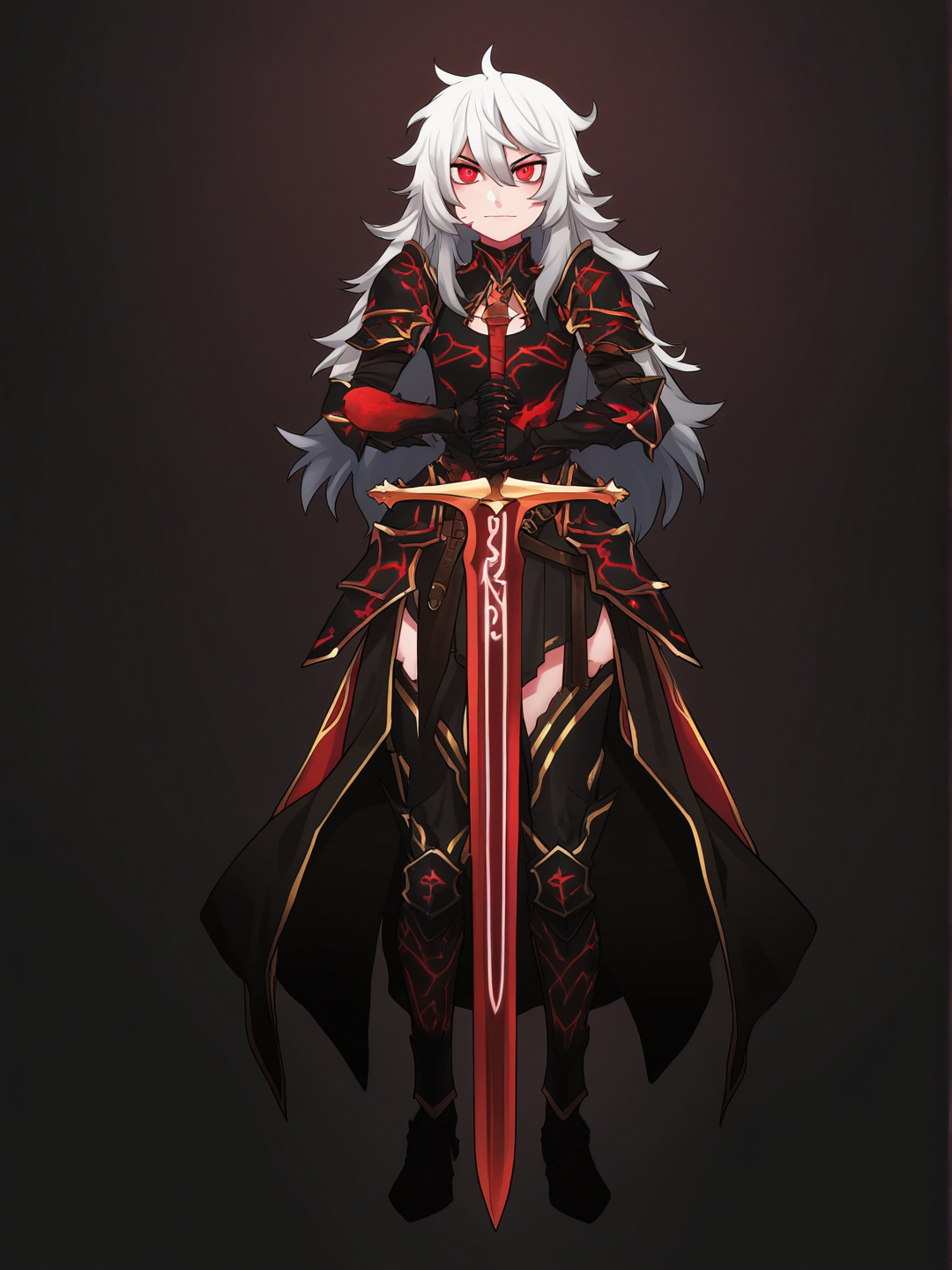 A young woman, 19 years old, dark fantasy anime style, elegant and battle-ready klong silver hair slightly messy, deep crimson eyes, wearing a black and red armored outfit with light runic patterns glowing faintly, holding a longsword at her side, confident and protective expression, soft lighting with a dark ethereal background, visual novel aesthetic, face, emotional atmosphere, full body, white background, [bright-anime-style]