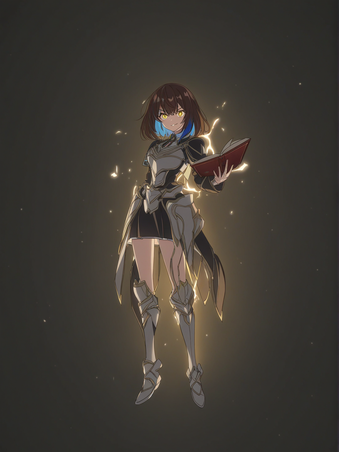 Anime-style girl, 18 years old strategist with a sharp gaze, shoulder-length dark brown hair with blue streaks, golden eyes full of intelligence, wearing a sleek mage uniform with a mix of cloth and light armor, holding an ancient book, smirking slightly, standing in a filled with glowing symbols, mysterious and analytical vibe, soft visual novel aesthetic, [bright-anime-style], full body, white background