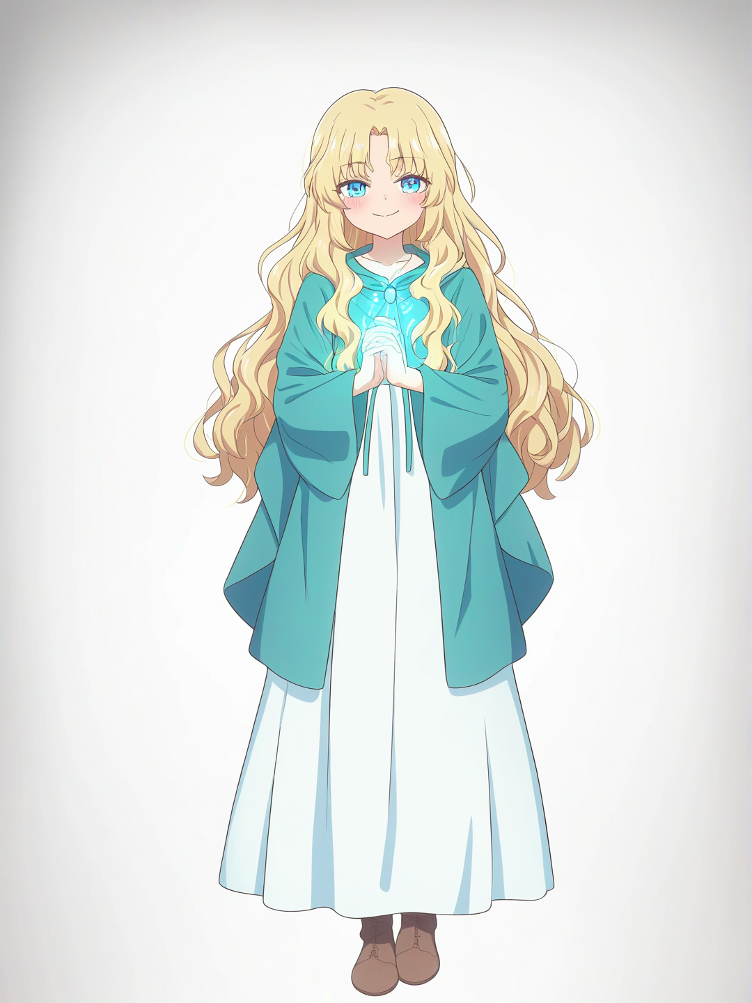 Gentle 18-year-old anime girl, healer archetype, long wavy blonde hair, bright blue eyes, wearing a white and teal robe with magical patterns that emit soft light, standing in a dark illuminated by her magic aura, calm and empathetic expression, slightly teary eyes, soft glow around her hands, dark fantasy visual novel aesthetic, and emotional lighting, [bright-anime-style], full body, white background, smirk