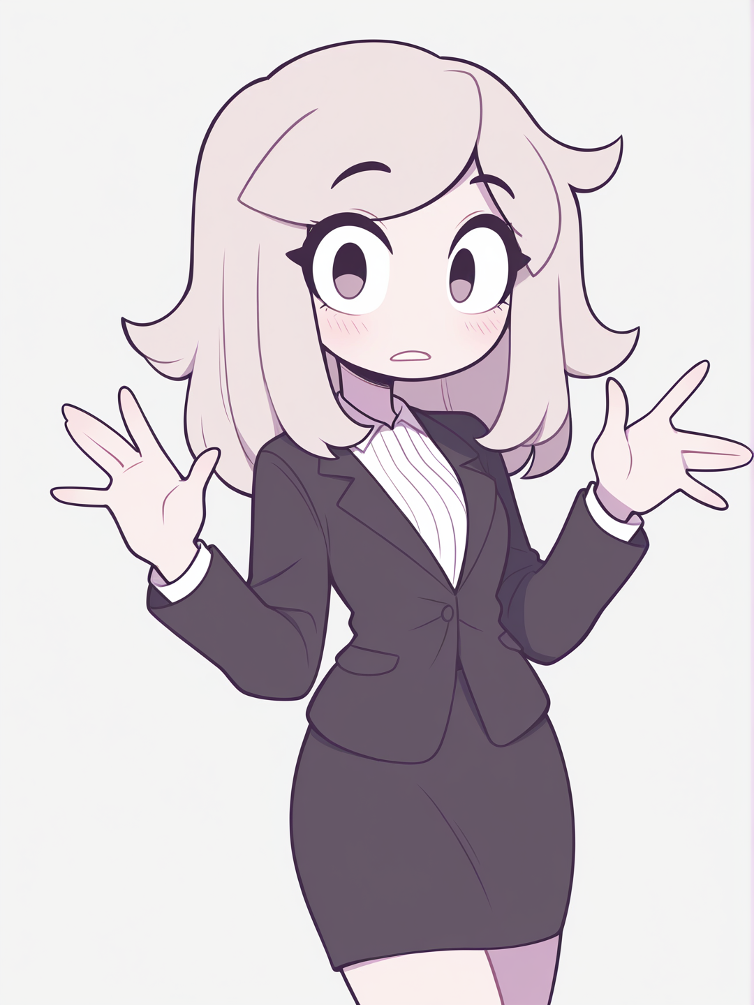 1girl, professional office attire, white blouse, black blazer, knee-length skirt, business casual, clean art style, vibrant colors, white background, no shadows, eyes, neat hair, professional setting, comic art, looking at viewer, waving, closeup, upper body, shocked, [pop-toon-style]