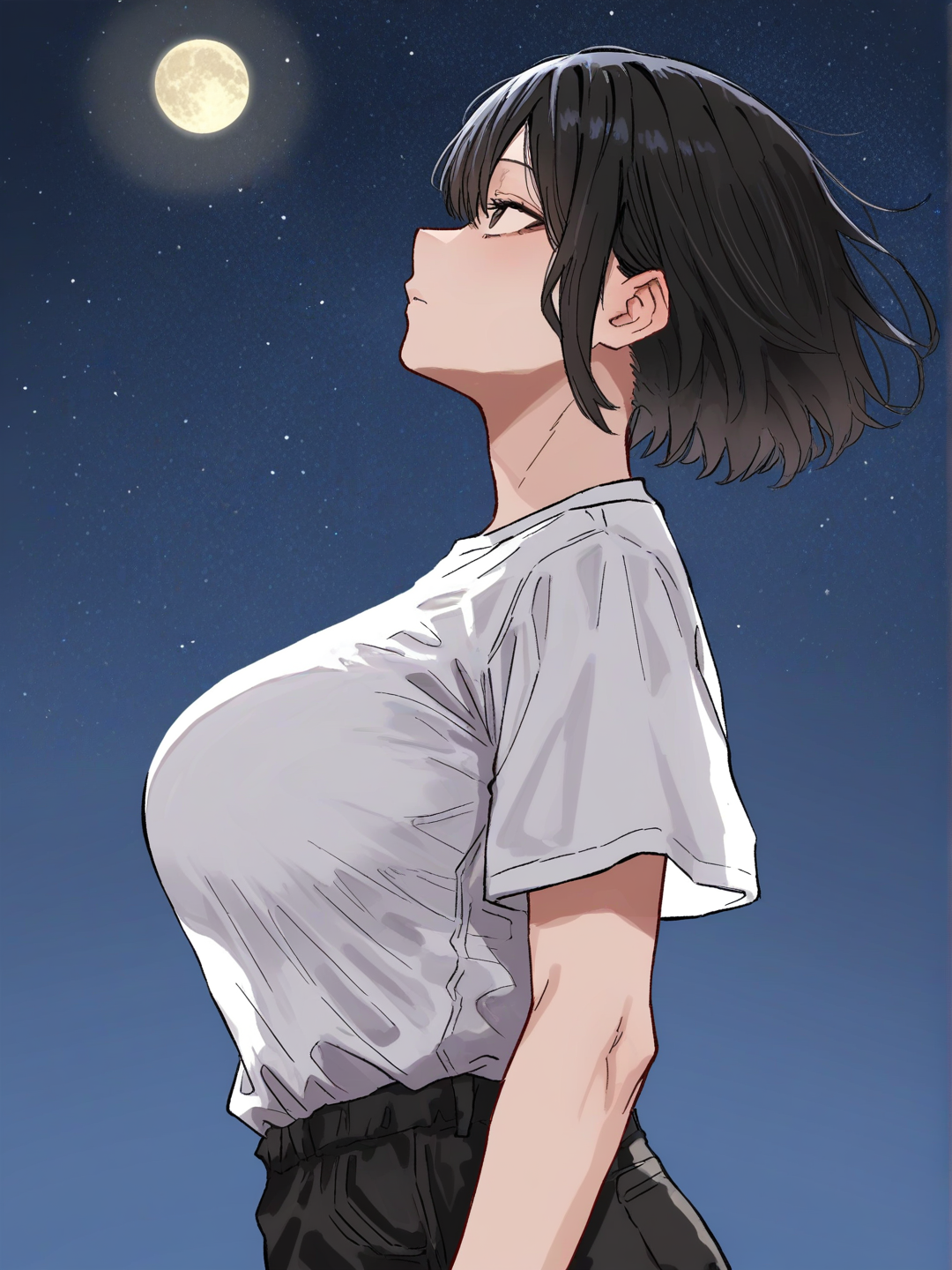 side profile of a beautiful woman with short hair and generous bust wearing a white t-shirt and black shorts, looking up at the starry night sky, moonlit atmosphere, cinematic night lighting, wind blowing short hair, face, contemplative expression, professional photography, standing outside at night --ar 1:1, 1girl, looking away, upper body, [hentai-style]