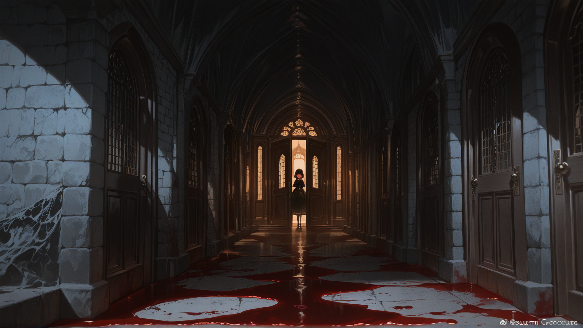 Ancient long corridor with stone walls covered in mold and decay, blood dripping down the floor creating trails, 
dramatic dark lighting, large ornate door at the end glowing with eerie light, gothic atmosphere, cinematic horror aesthetic, 
atmospheric shadows, mysterious and haunting, no people no characters, weathered and crumbling, high resolution, 
perfect for visual novel background, [high-gloss-illustration-style]