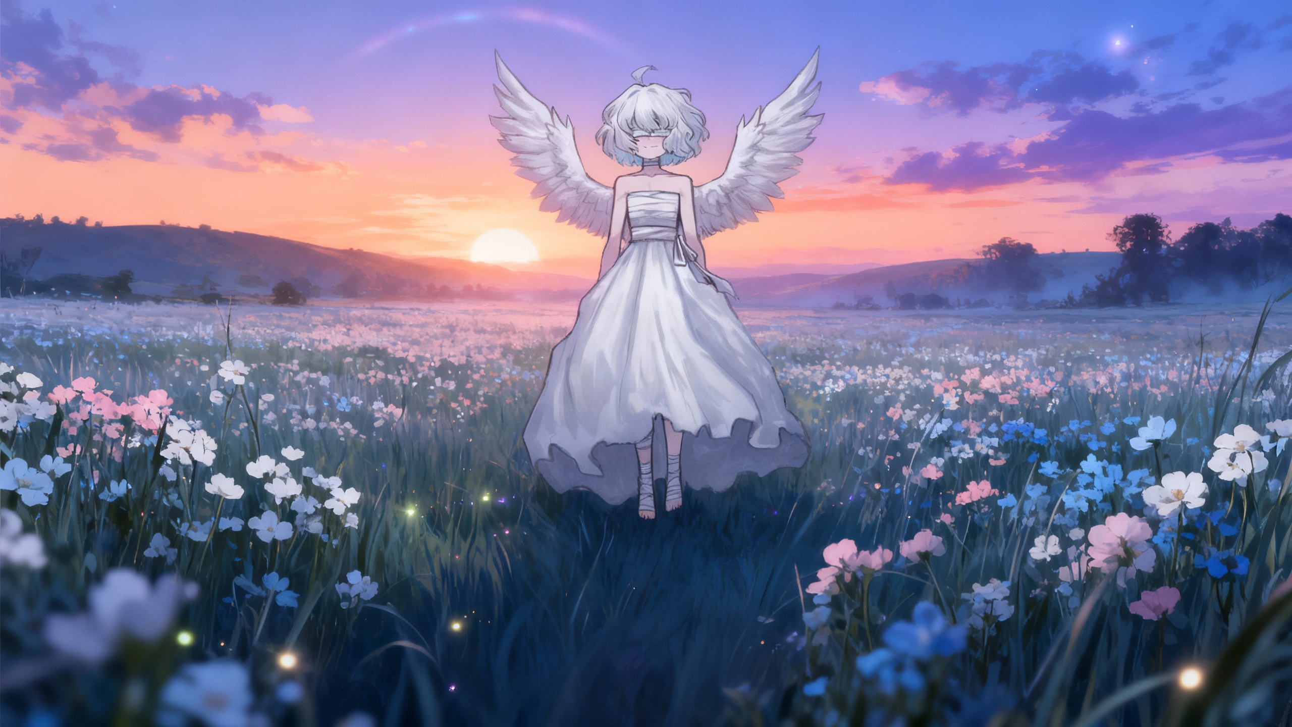 Wide flower field at twilight, endless meadow filled with soft pastel wildflowers (white, pink, light blue) gently moving in the wind. In the distance, low rolling hills and a thin line of trees, slightly blurred. The sky is at sunset with a beautiful gradient from warm orange near the horizon to soft purple and deep blue higher up, a few long thin clouds catching the last light. The sun is already hidden, only a glowing halo and warm light on the clouds, creating a peaceful crepuscule mood. Soft glowing particles in the air, very subtle firefly‑like lights near the flowers. Composition centered with a large empty area in the middle, horizon line a bit low, wide 16:9 anime background, dreamy lofi aesthetic, calm and melancholic but comforting@elara-voss-DSDV