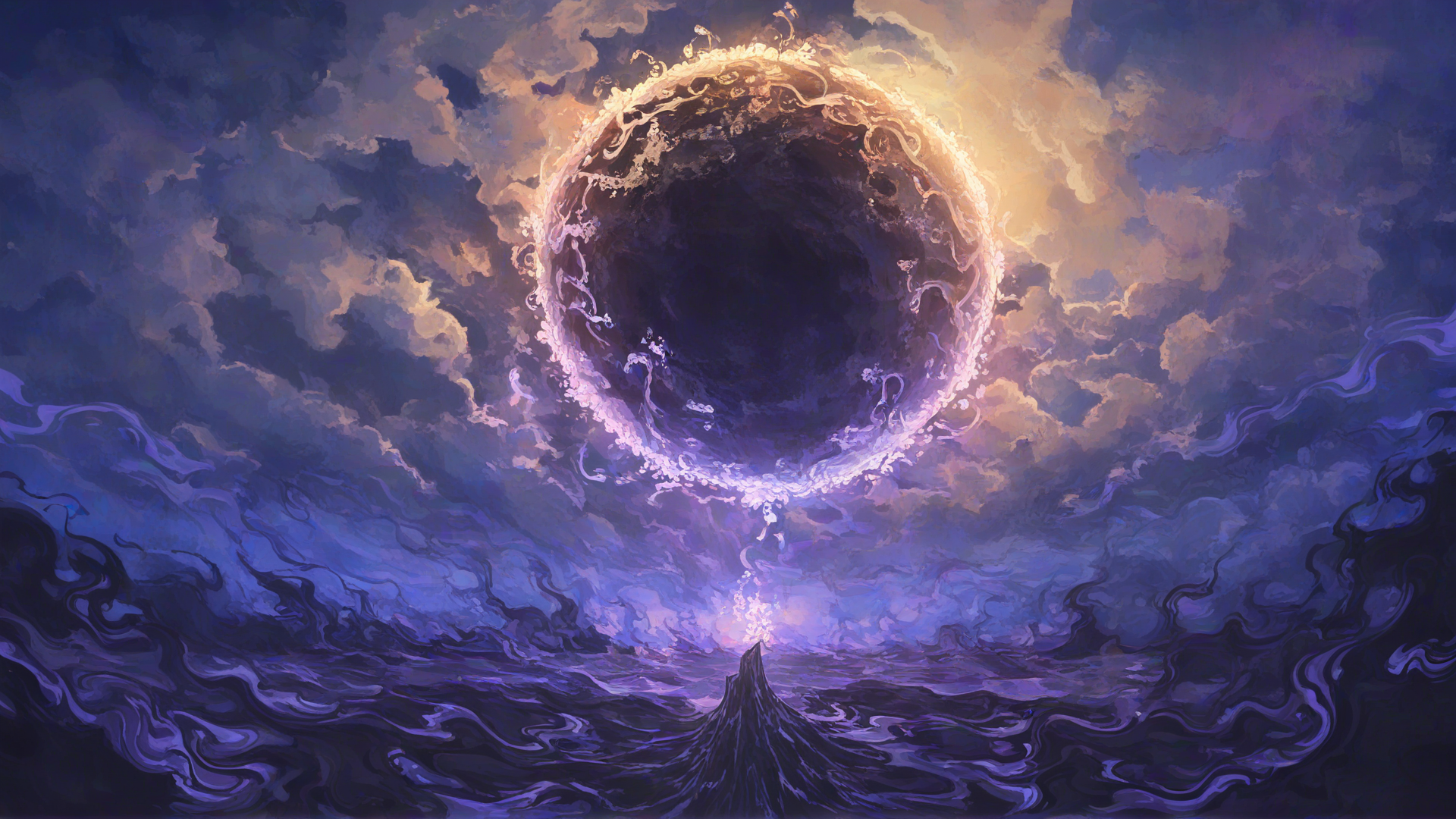 Epic orchestral cinematic landscape, powerful and determined aesthetic, dark mysterious atmosphere with dramatic lighting transitioning to bright, vast ethereal landscape stretching infinitely, symphonic energy radiating through sky and earth, melancholic yet hopeful environment, end of era and rebirth transformation shown through landscape elements, emotional powerful transcendence captured in natural scenery, dark opening landscape transitioning to bright victorious environment, dynamic crescendos visualized through color intensity shifts and atmospheric changes, full dynamic range from soft introspective shadows to explosive bright climax, transformation from darkness to light throughout entire landscape, epic scale with cinematic mood, high detail fantasy landscape art style, no characters no people no instruments, pure orchestral visual energy through nature, 3 minutes cinematic experience, 16:9 aspect ratio panoramic view, golden and purple lighting, dramatic sky, emotional powerful atmosphere, [watercolor-illustration-style]