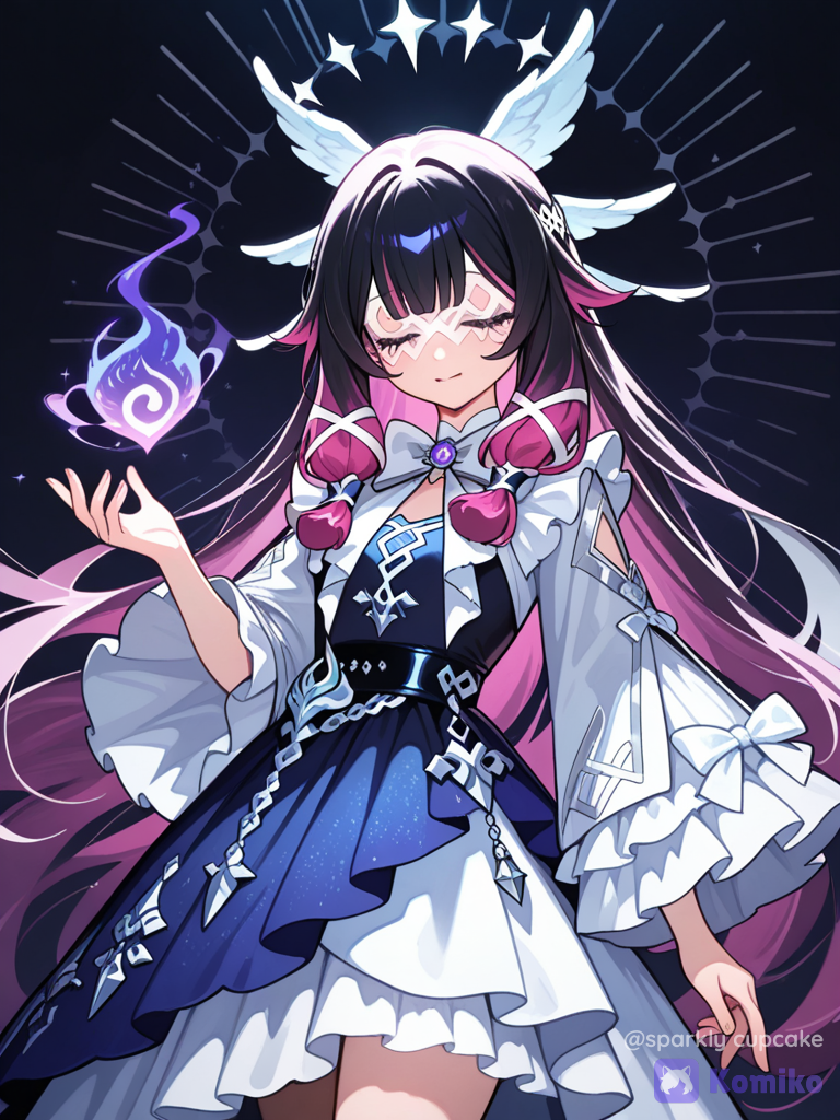 [glossy-anime-style], 1girl, solo, columbina (genshin impact), long hair, dark hair, purple hair, pink highlights, hair ornament, white hair accessory, eyes closed, half smile, calm, enigmatic, elegant dress, white dress, blue dress, ribbon, brooch, layered dress, voluminous sleeves, feathers, floating feathers, blue energy, flowing lines, motion lines, magical, cool tones, soft lighting, mystical atmosphere, highresThe image showcases a character from Genshin Impact with long, flowing hair in shades of white and lavender, styled with braids. Her eyes are a soft violet hue, and she wears a confident, slightly playful expression.Her outfit blends dark and bright tones—primarily purple, blue, and black—with ornate golden accessories, decorative belts, and intricate patterns. In her raised hand, she conjures a swirling magical effect in pink and white, hinting at her elemental powers. Behind her, a stylized cartoonish shark head adds a whimsical touch to the composition. The background is a moody nightscape with dark silhouettes and glowing magical accents, reinforcing the fantasy atmosphere. The artwork is signed by COGNOSPHERE and includes the Genshin Impact logo in the corner.