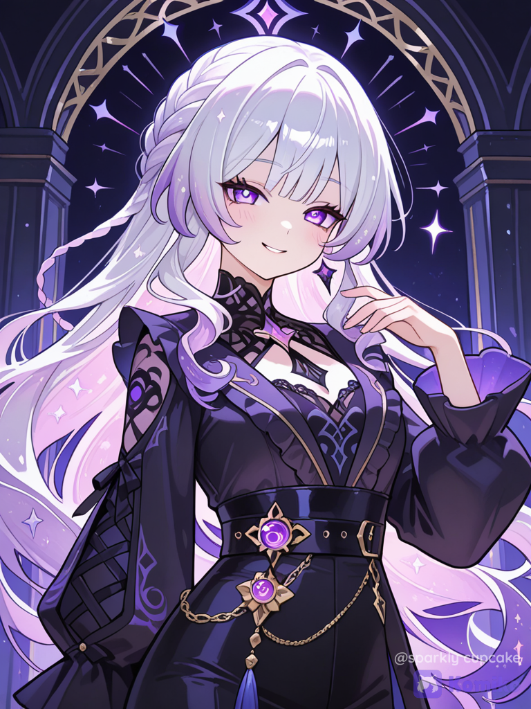 [glossy-anime-style], The image showcases a character from Genshin Impact with long, flowing hair in shades of white and lavender, styled with braids. Her eyes are a soft violet hue, and she wears a confident, slightly playful expression.Her outfit blends dark and bright tones—primarily purple, blue, and black—with ornate golden accessories, decorative belts, and intricate patterns. In her raised hand, she conjures a swirling magical effect in pink and white, hinting at her elemental powers. Behind her, a stylized cartoonish shark head adds a whimsical touch to the composition. The background is a moody nightscape with dark silhouettes and glowing magical accents, reinforcing the fantasy atmosphere. The artwork is signed by COGNOSPHERE and includes the Genshin Impact logo in the corner.