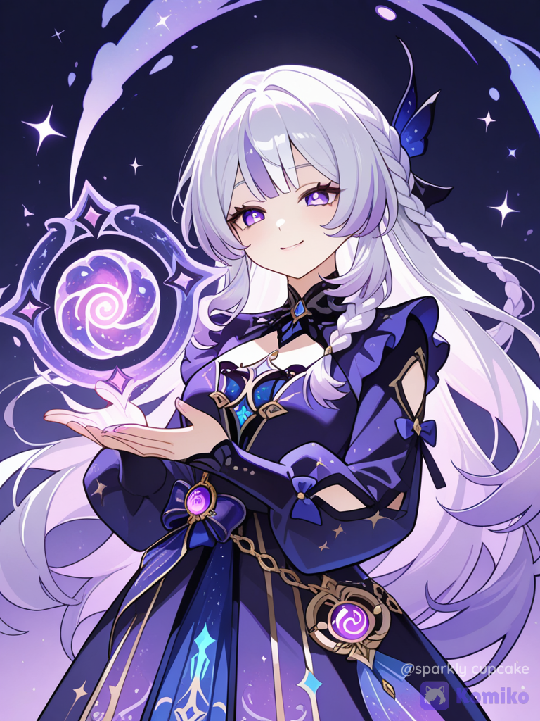 [glossy-anime-style], The image showcases a character from Genshin Impact with long, flowing hair in shades of white and lavender, styled with braids. Her eyes are a soft violet hue, and she wears a confident, slightly playful expression.Her outfit blends dark and bright tones—primarily purple, blue, and black—with ornate golden accessories, decorative belts, and intricate patterns. In her raised hand, she conjures a swirling magical effect in pink and white, hinting at her elemental powers. Behind her, a stylized cartoonish shark head adds a whimsical touch to the composition. The background is a moody nightscape with dark silhouettes and glowing magical accents, reinforcing the fantasy atmosphere. The artwork is signed by COGNOSPHERE and includes the Genshin Impact logo in the corner.