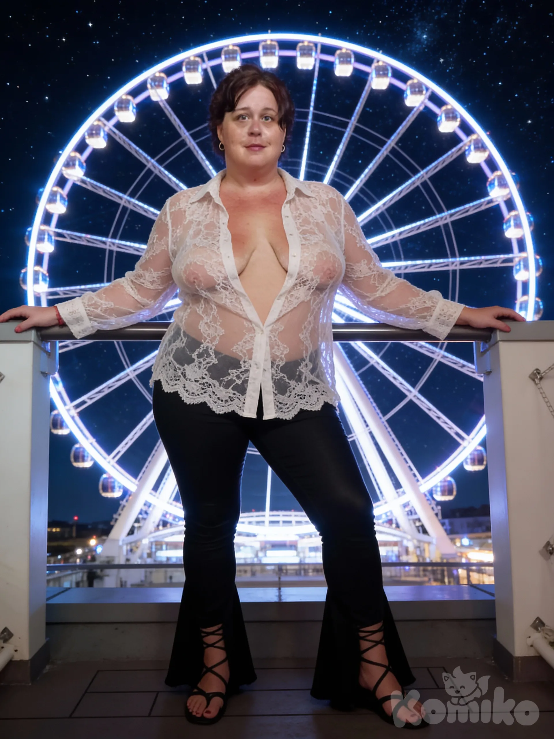 Wearing lace see through shirt lots of cleavage, black pants with flare bottoms, black strappy sandals, big ferris wheel in background, at night
