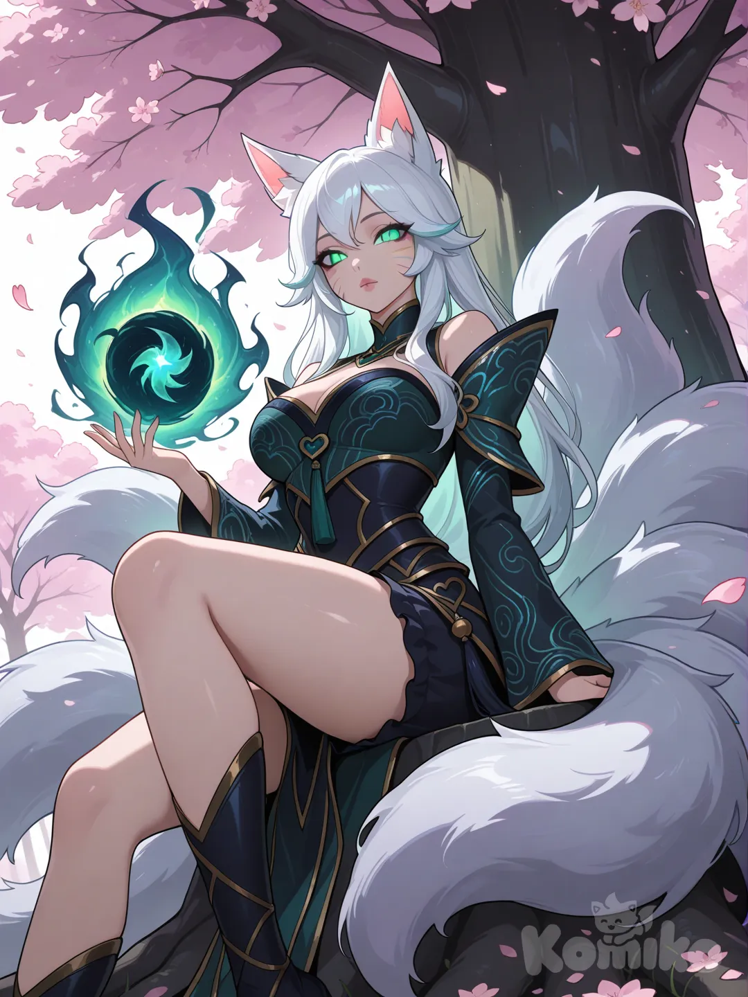 1girl, Ahri (League of Legends), sitting under a cherry blossom tree, anime style, highly anime art, corrupted by ruination (league of legends), green glow, green eyes, white hair, ruined king halo, ruined king symbol, black mist tendrils