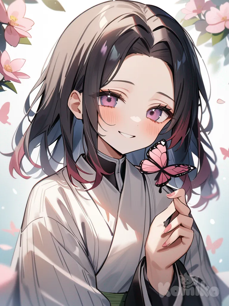 kimetsu no yaiba, kochou kanae, fanart, butterfly on hand, pink butterfly, smile, background