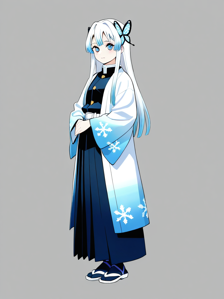 1girl, teenager, slim, tall, white hair, long hair, straight hair, blue eyes, fair skin, dark blue demon slayer uniform, female hakama, long white haori, blue haori, snowflake pattern, blue tabi socks, sandals, blue and white butterfly hair ornament, single character, full body, looking at viewer, simple background, white background