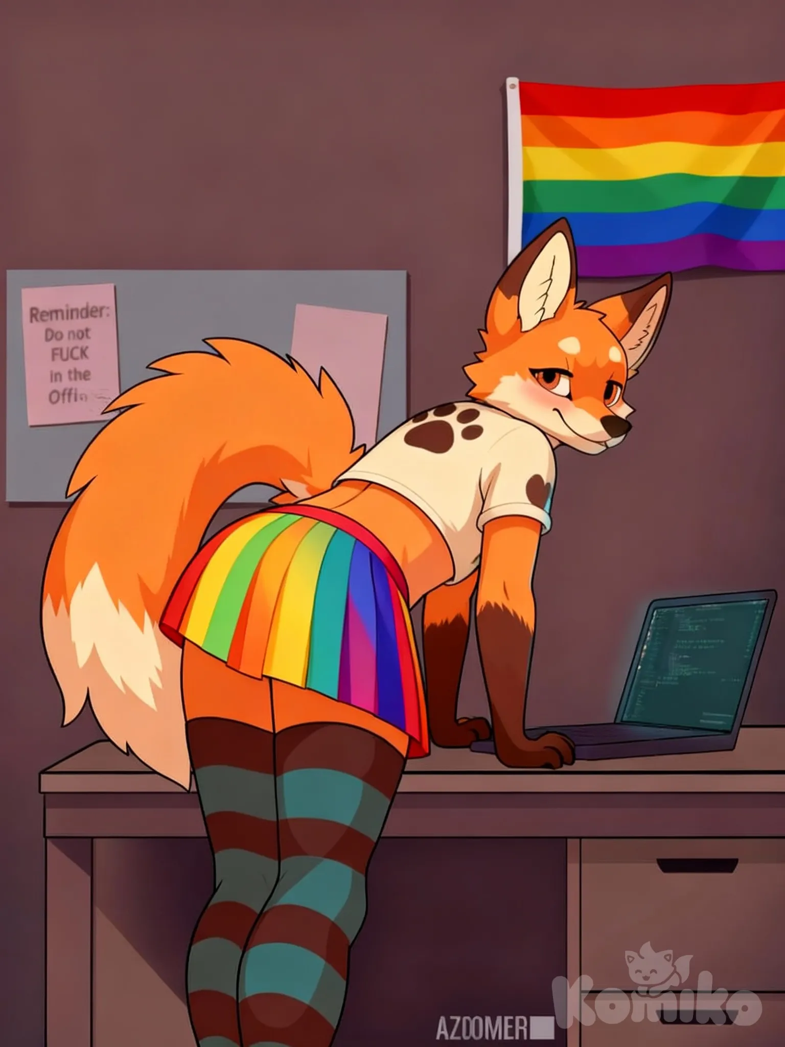 Take off the dick and put a rainbow skirt on and a rainbow flag on the wall and take off the shirt and put a paw print crop top on