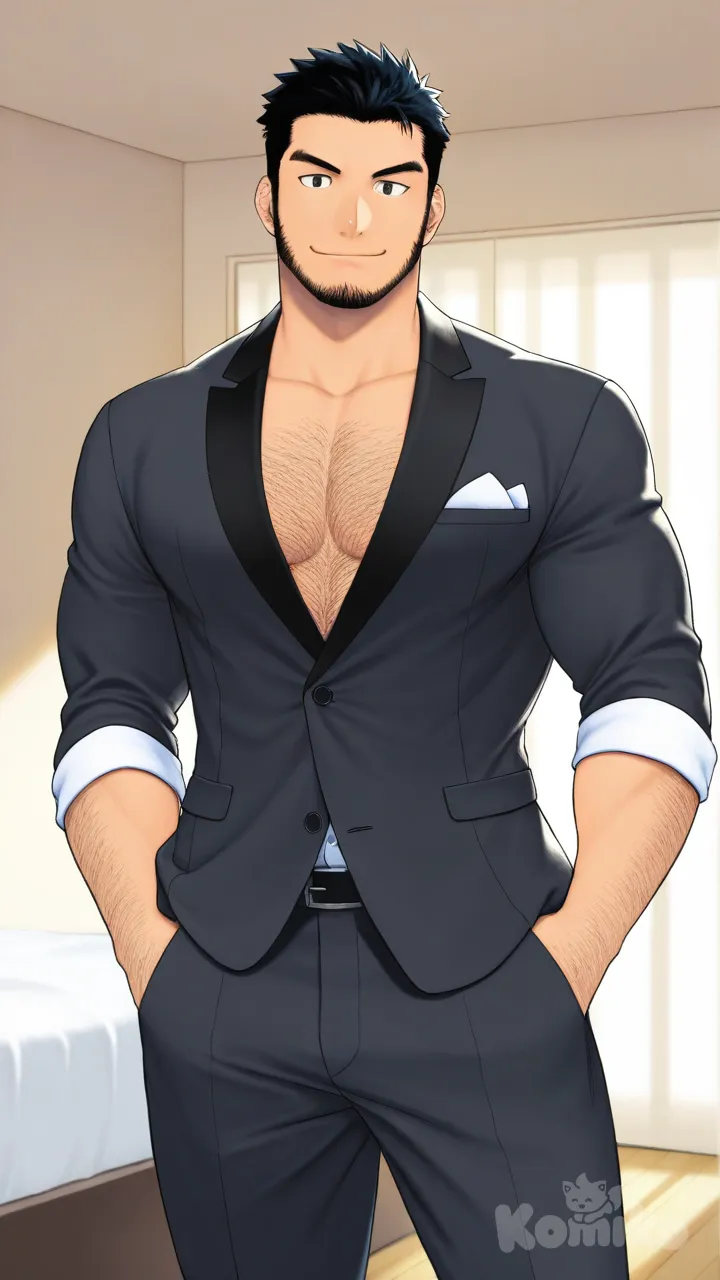 muscular, hairy body, beard, hunk, bodybuilder, abs, masculine, bara, bulging muscles, thick thighs, broad shoulders, strong, mature, rugged, body hair, beefy, macho, manly, toned, powerful, well-built, brawny, ripped, shredded, chiseled, defined, athletic, fit, handsome, attractive, black hair, Muscular man, striking heroic pose, highly defined musculature, ultra-anatomy, vibrant colors, high-resolution, epic atmosphere, tsukudani (coke-buta), smile, bedroom, naughty face, tuxedo, black hair