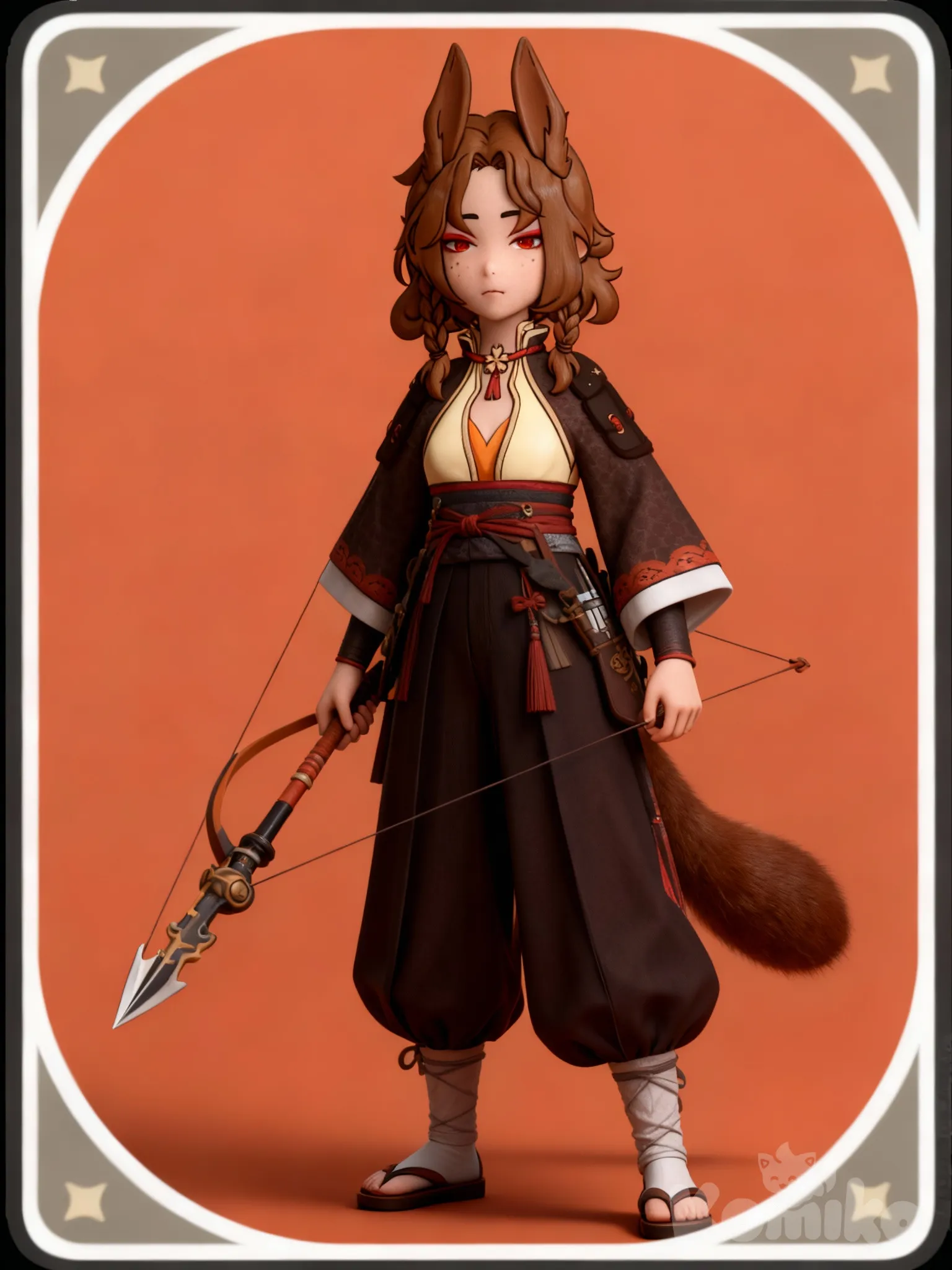 1girl, Zhongli (Genshin Impact), Brown hair, amber (orange) eyes, brown rabbit ears and tail, Inazuma clothes, braided hair and styled hair, moles on the face and red makeup above the eyes, Everything is as in the photo. Full-length with a bow or catalyst weapon.