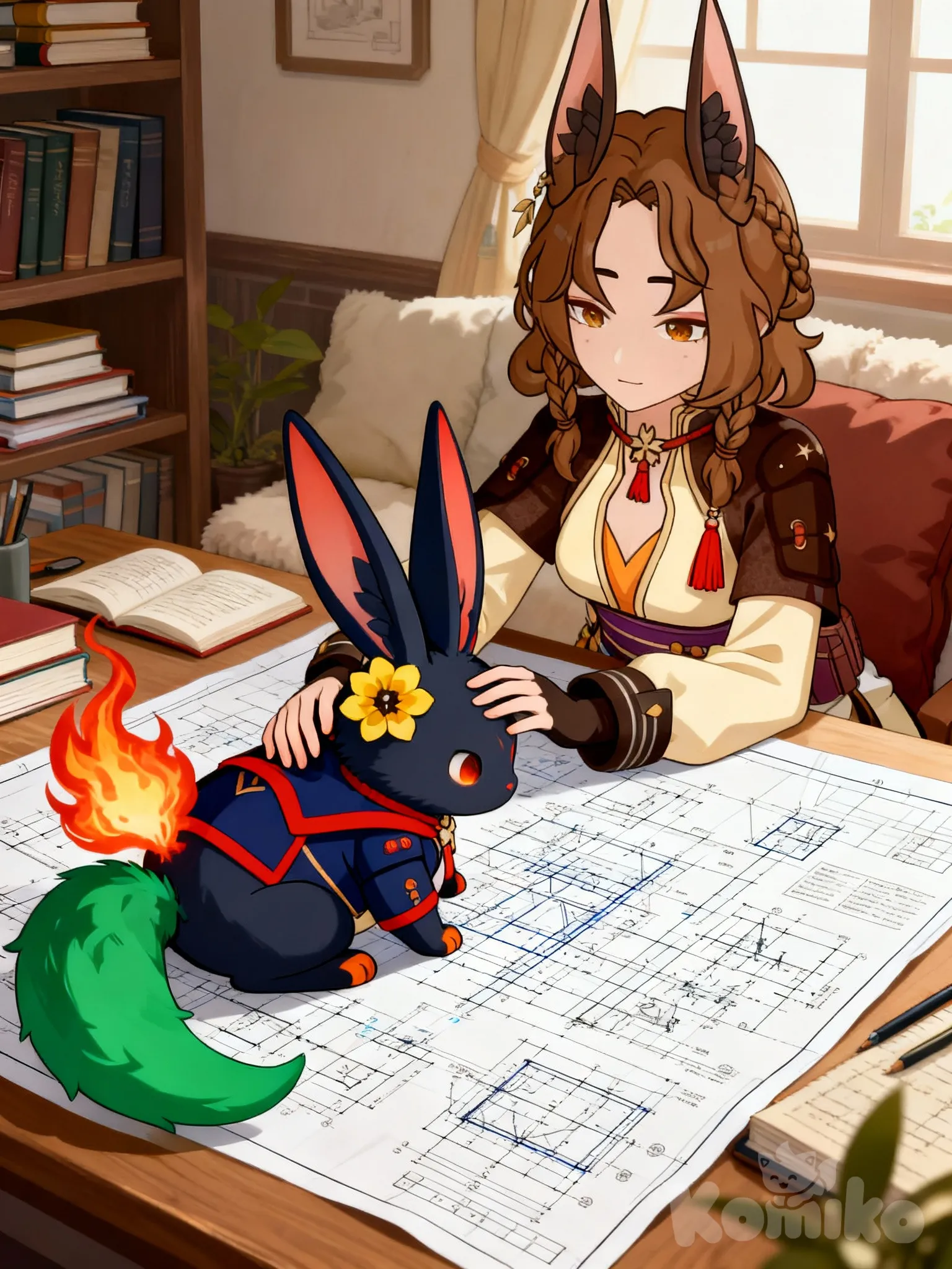 genshin impact, @Tighnari_(Genshin_Impact), Along with whoever is in the photo, A Pyro rabbit named Yumiya is pictured studying the blueprints while Tignari is petting her.A Pyro rabbit named Yumiya is pictured studying blueprints while Tignari pets her ears and hair.