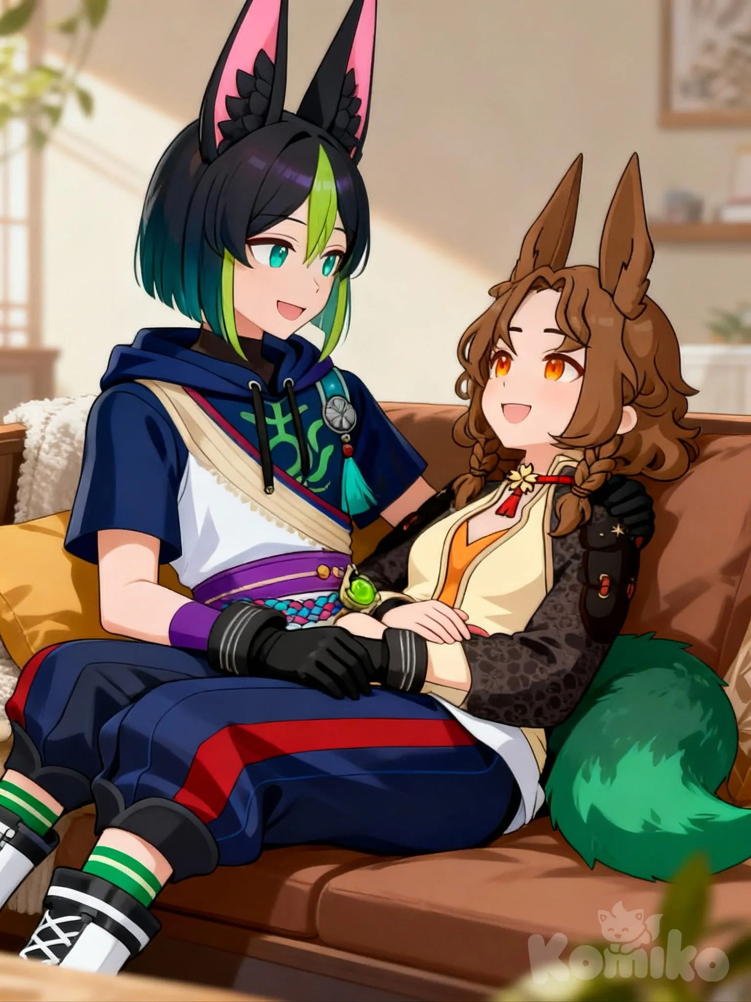 genshin impact, @Tighnari_(Genshin_Impact), @yumiya-PA2L , Yumiya lies on Tignari's lap and smiles.Yumiya lies on Tignari's lap and smiles at each other.