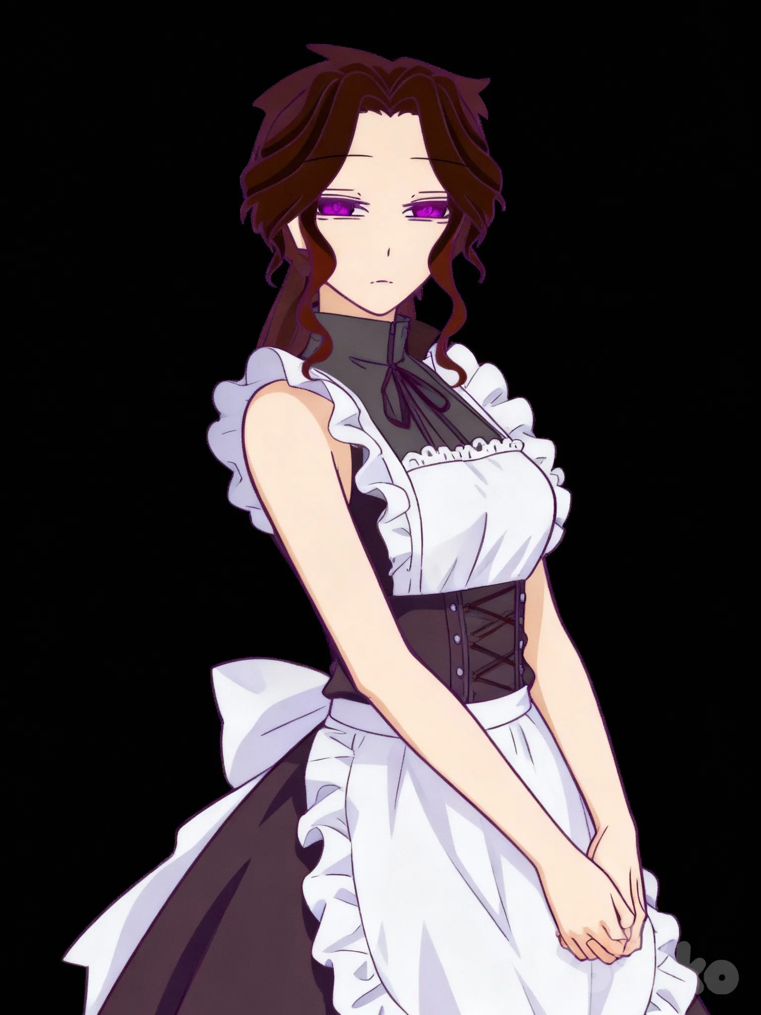 Alien Stage, The body is slightly turned, and the hands appear to be folded or clasped below the waist.
In a maid costume, hair, skin color, eyes and face are as they should be, maid clothes.