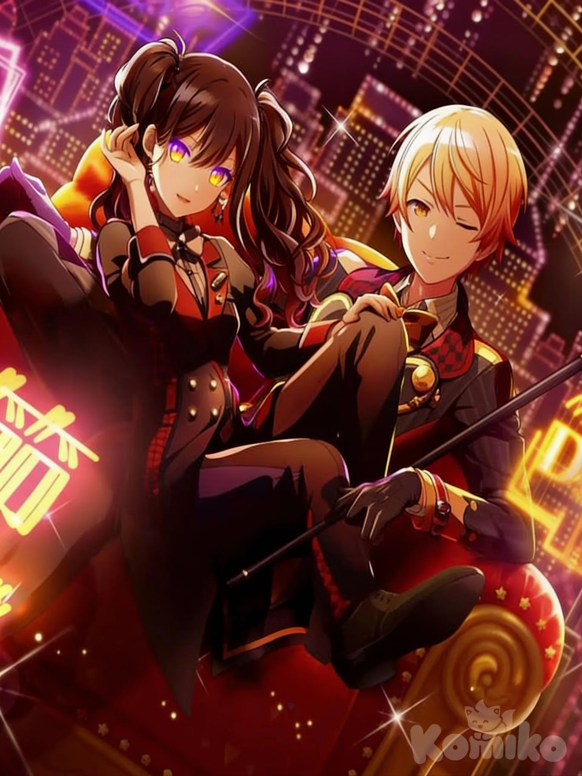 project sekai, In the photo, leave everything like this, but let the girl have purple or yellow eyes, In the photo, leave everything as is, but let the girl have purple or yellow eyes and dark brown hair.