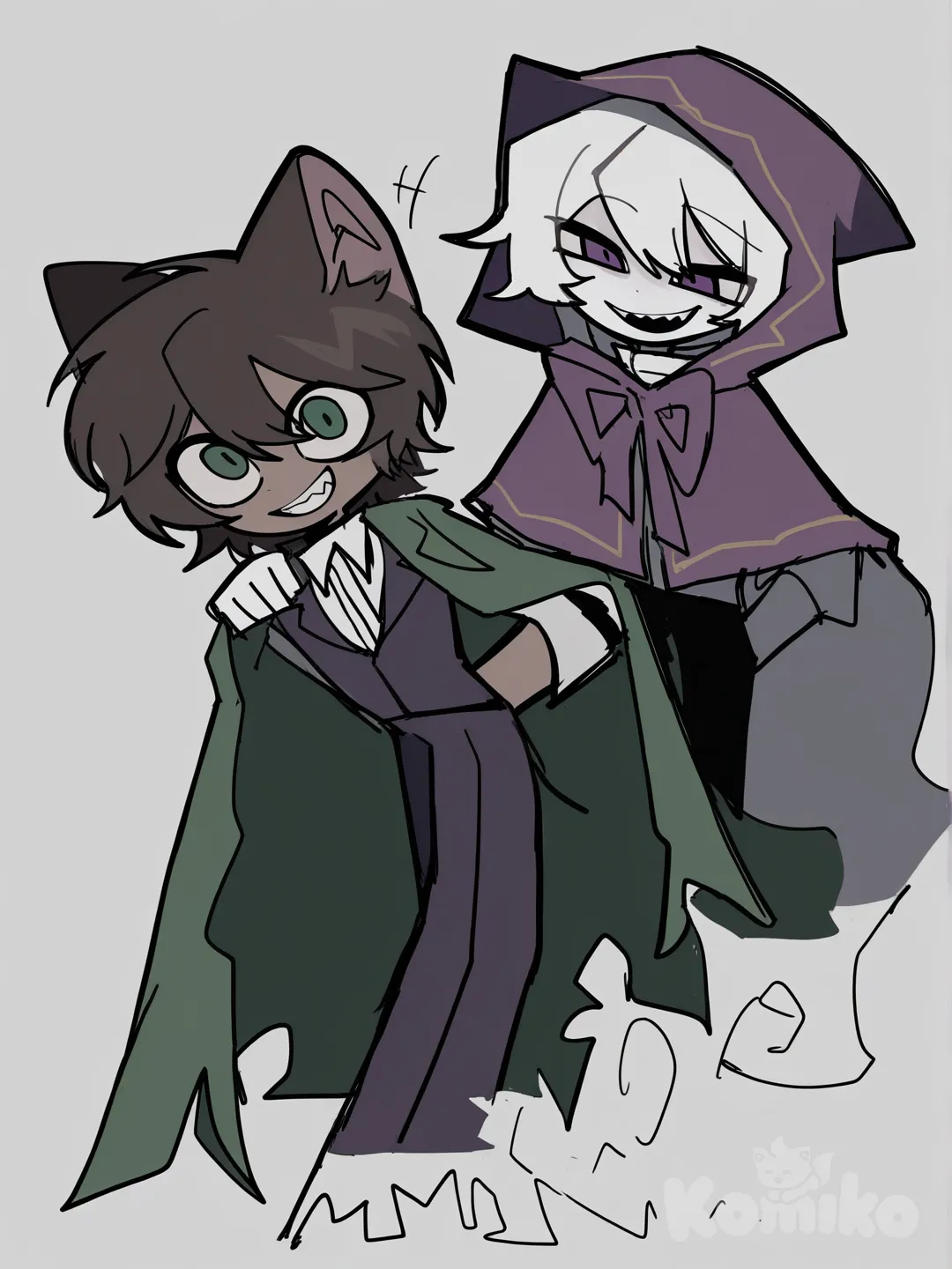 [pop-sketch-style], A girl with brown hair in a mage's uniform that is white and purple, purple eyes, and elven ears, her hair has slightly white tips. She has dark skin. And next to her stands Ebardo, the planeswalker from the voice of time, Lololoshka, hugging her, smiling with his teeth. And next to her stands Ebardo, the planeswalker from the voice of time, Lololoshka, hugging her, smiling with his fanged teeth. He has brown hair, fair skin, green eyes, he doesn't have elven ears, his clothes are a green cape with black pockets and a collar, underneath he has a white shirt and black pants. His cape is like a T-shirt. And she has clothes like a cape around her neck, a purple cloak, a white shirt, and purple pants. She has a purple hood.