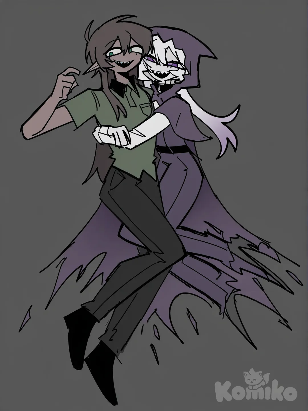 [pop-sketch-style], A girl with brown hair in a mage's uniform that is white and purple, purple eyes, and elven ears, her hair has slightly white tips. She has dark skin. And next to her stands Ebardo, the planeswalker from the voice of time, Lololoshka, hugging her, smiling with his teeth. And next to her stands Ebardo, the planeswalker from the voice of time, Lololoshka, hugging her, smiling with his fanged teeth. He has brown hair, fair skin, green eyes, he doesn't have elven ears, his clothes are a green cape with black pockets and a collar, underneath he has a white shirt and black pants. His cape is like a T-shirt. And she has clothes like a cape around her neck, a purple cloak, a white shirt, and purple pants. She has a purple hood. She has brown hair, she told me everything about her clothes, a white shirt and a purple hooded cloak. Sometimes She has brown hair, and she's told me everything about her clothes: a white shirt and a purple hooded cape. Sometimes she's upset with Ebardo's personality. About Ebardo, she said about his appearance: he doesn’t have a cloak or cape, he has a green T-shirt with a black collar and pockets, and black pants.