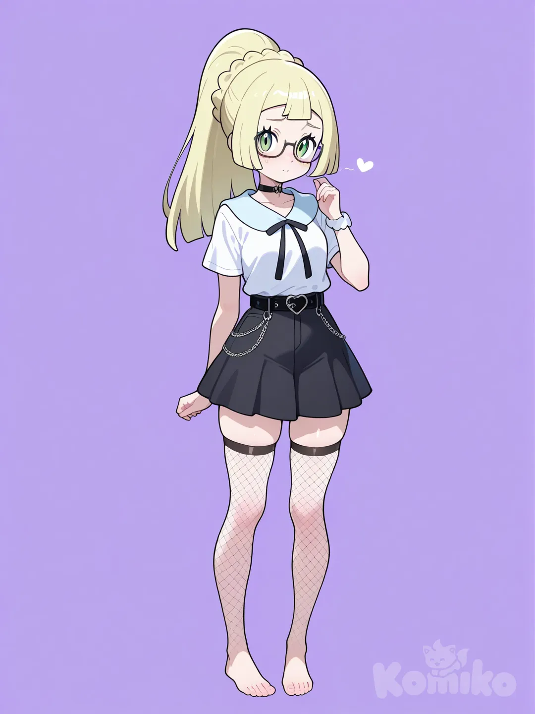 @Lillie_(Pokemon) full body en minifalda con medias de red lentes descalza
