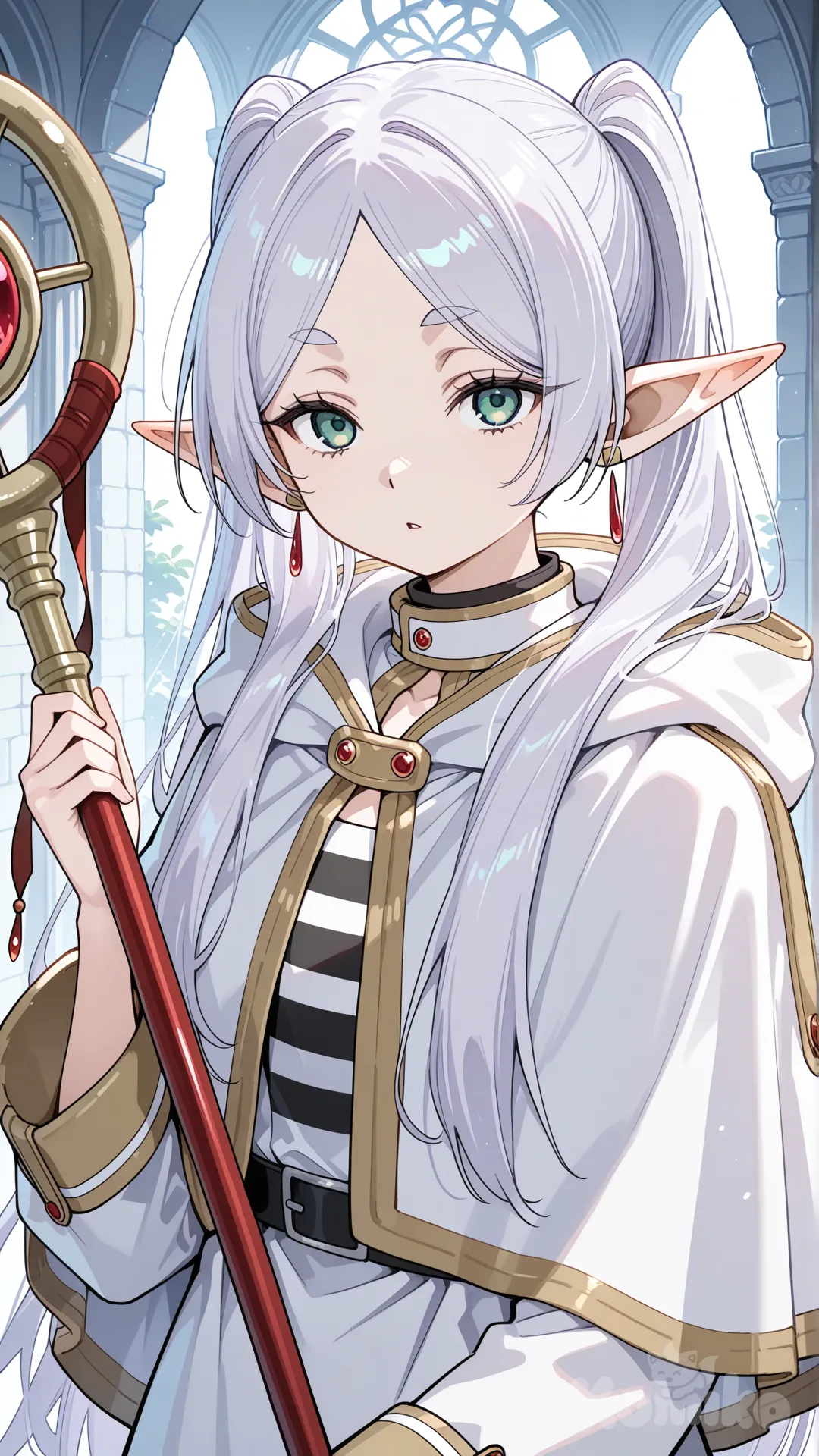 She looks at you with a hint of curiosity Do you often speak with elves? Id like to hear what you think of them., @Frieren