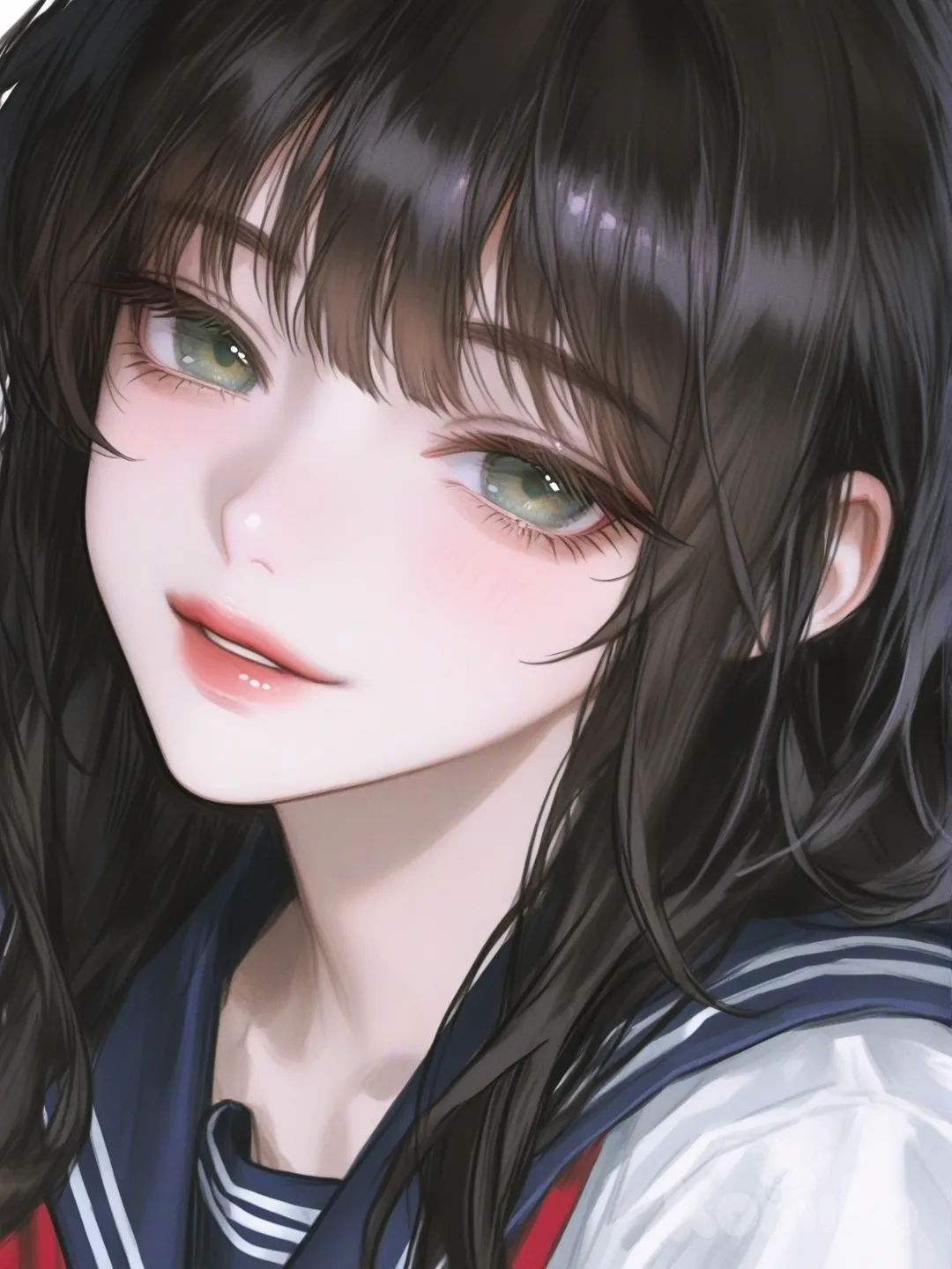 anime girl, beautiful character, art style, upper body, school uniform, black hair, green eyes [semi-realistic-portrait-style]
