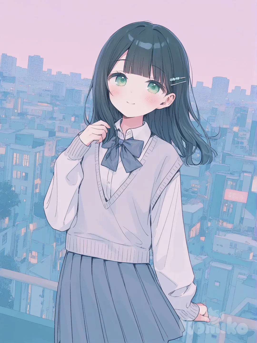 [soft-pastel-style], knitted vest, pleated skirt, hairpin, jewelry, wavy black hair, green eyes, portrait, full body, looking at viewer, city background, smile