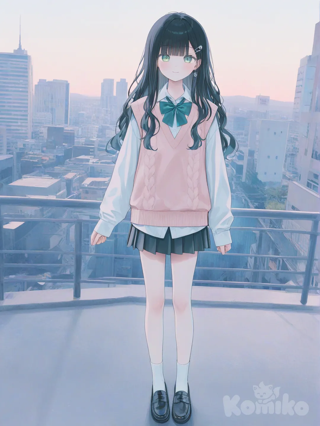 [soft-pastel-style], knitted vest, pleated skirt, hairpin, jewelry, wavy black hair, green eyes, portrait, full body, looking at viewer, city background, smile, style, IMG_4319
