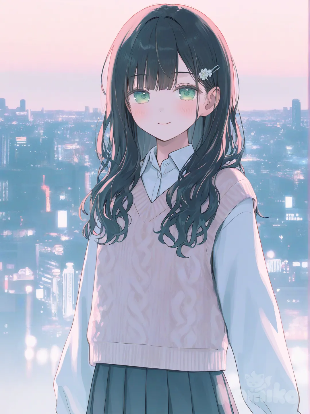 [soft-pastel-style], knitted vest, pleated skirt, hairpin, jewelry, wavy black hair, green eyes, portrait, upper body, looking at viewer, city background, smile