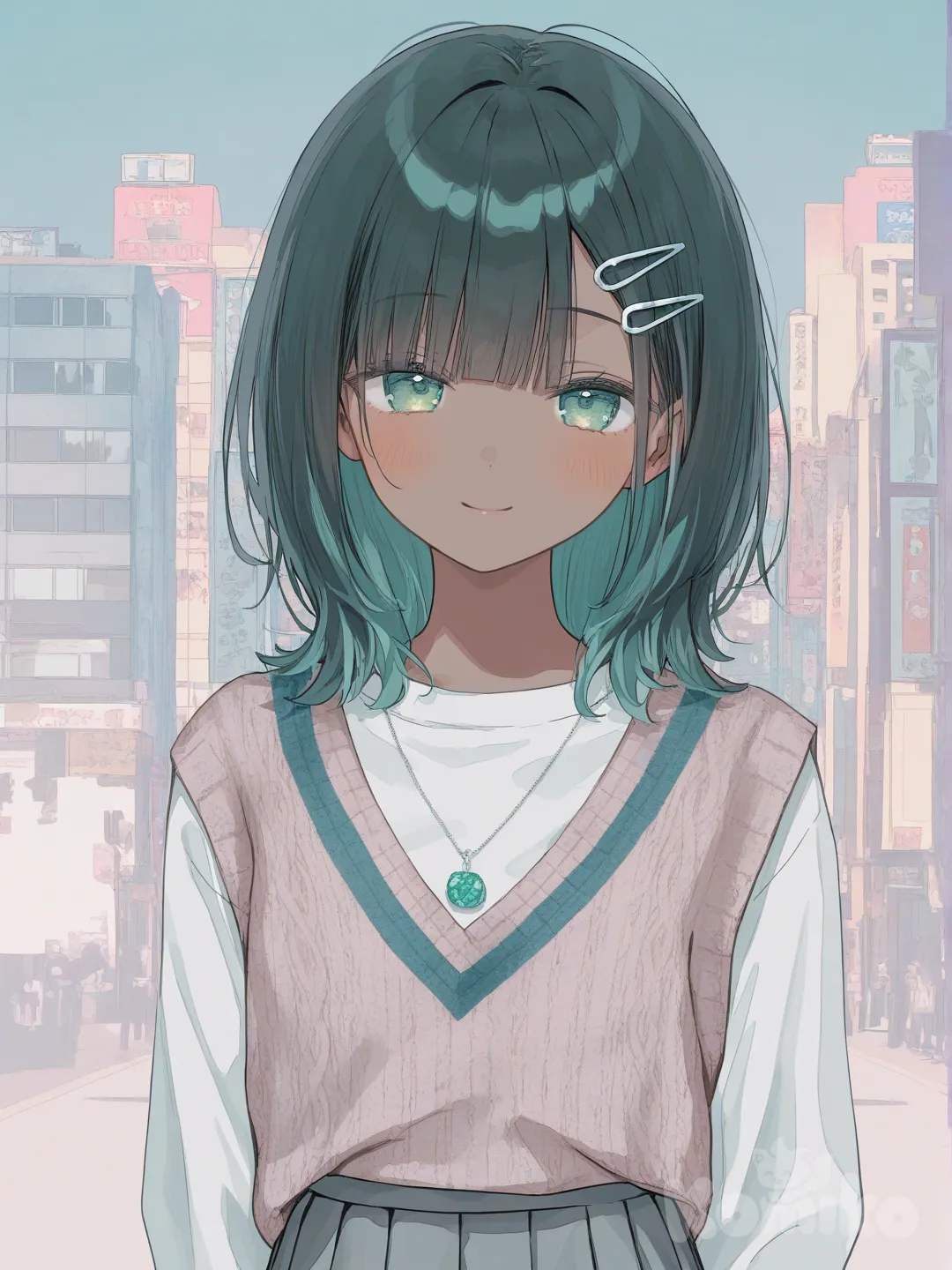 [soft-pastel-style], knitted vest, pleated skirt, hairpin, jewelry, wavy black hair, green eyes, portrait, upper body, brown skin, looking at viewer, city background, smile, IMG_4321