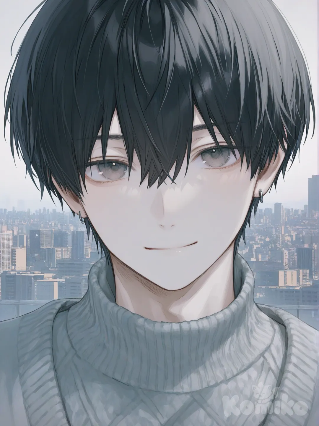 [soft-pastel-style] boy, handsome, knitted cardigan, jeans, earring, jewelry, short black hair, hazel eyes, portrait, upper body, looking at viewer, city background, smile, IMG_4322