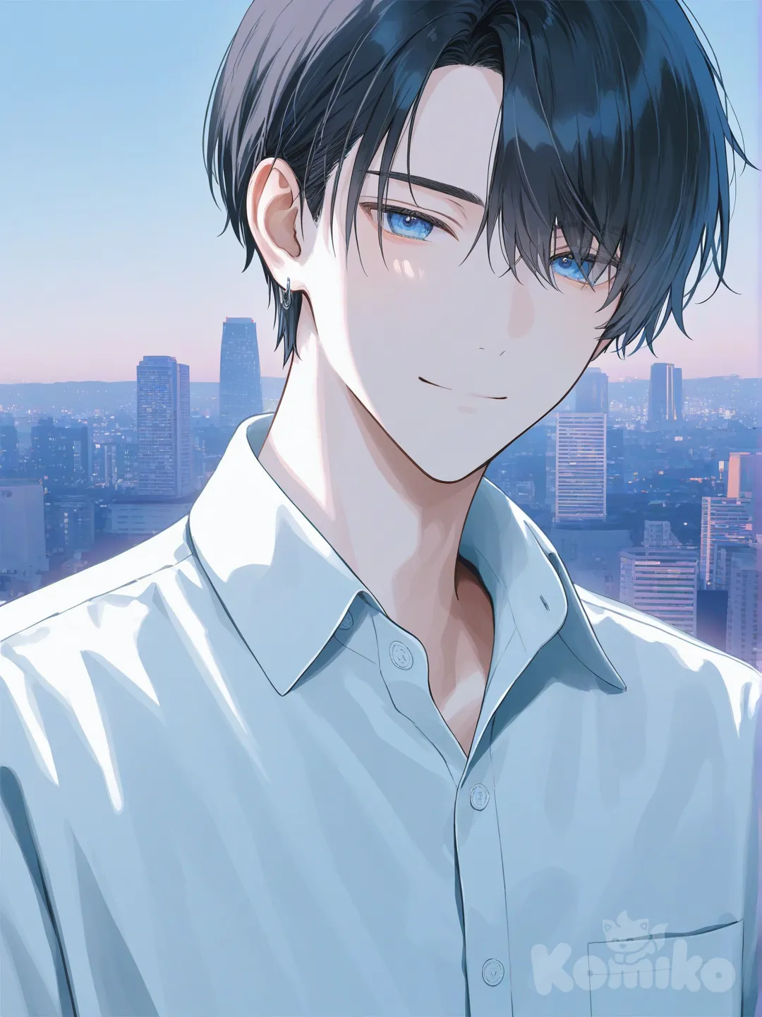 [soft-pastel-style] boy, handsome, white button-up, jeans, earring, jewelry, short black hair, blue eyes, portrait, upper body, looking at viewer, city background, smile, IMG_4325