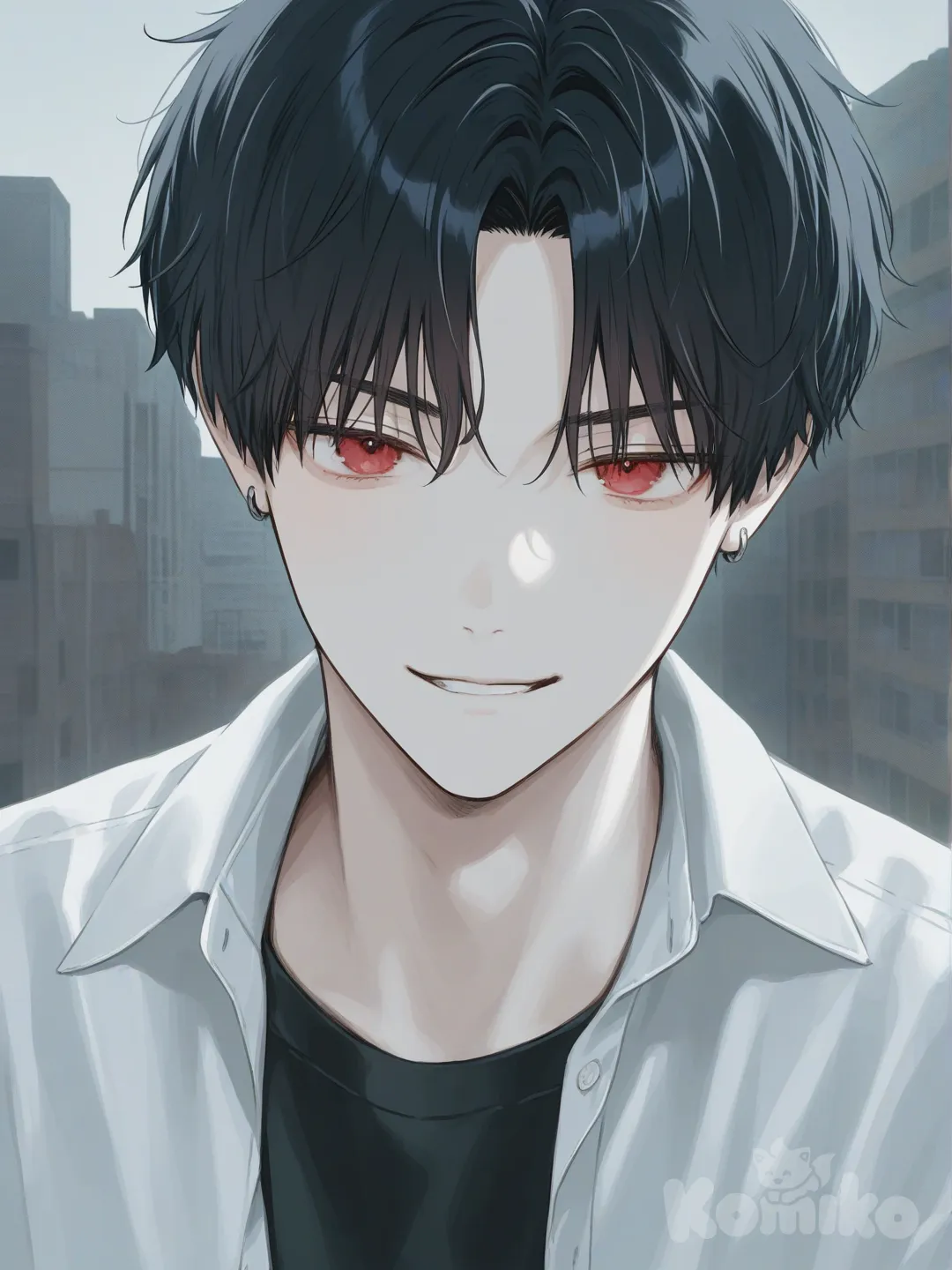 [soft-pastel-style] boy, handsome, open white button-up, black jeans, earrings, jewelry, wavy black hair, red eyes, portrait, upper body, looking at viewer, city background, smirk, IMG_4327