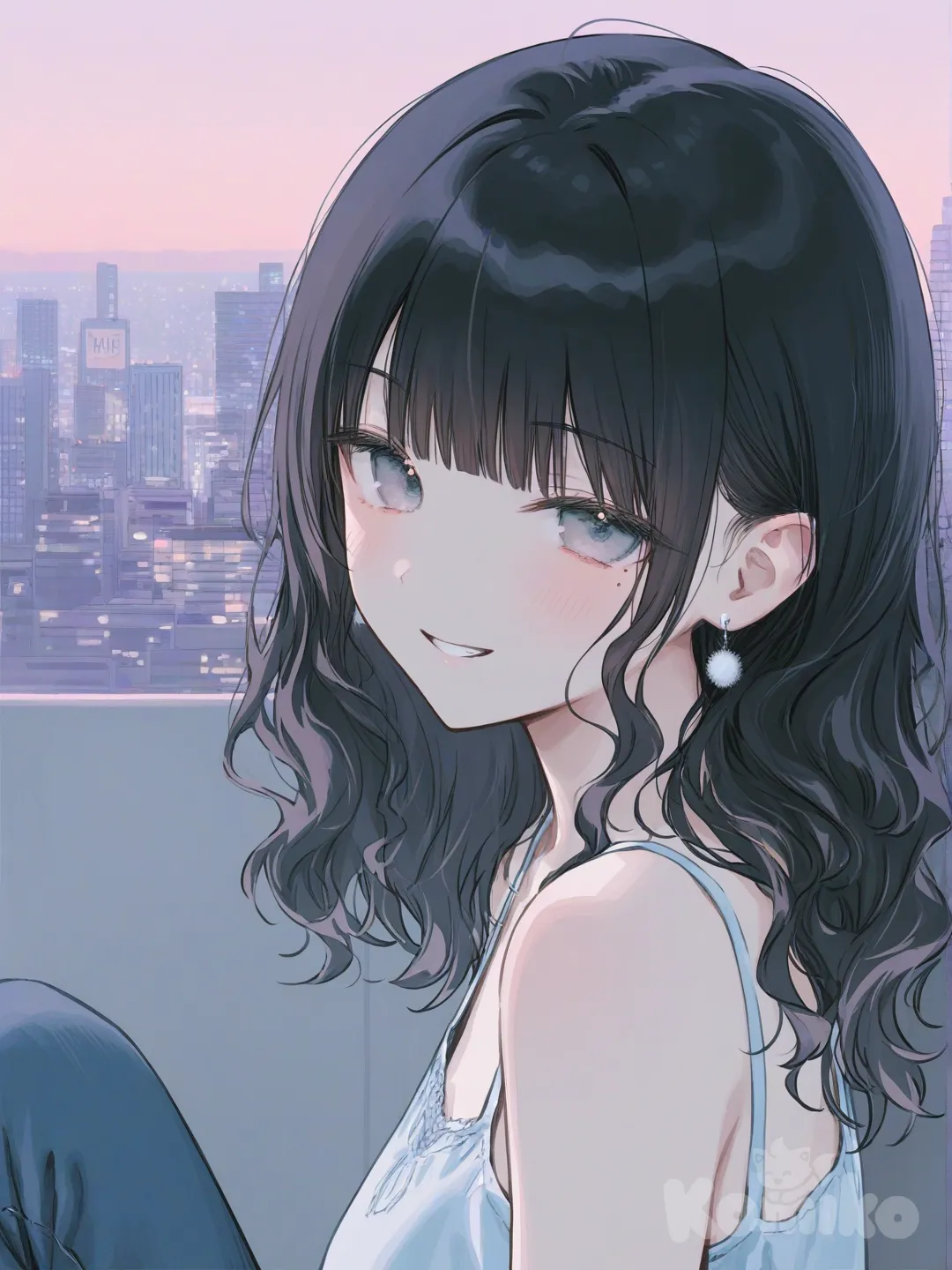[soft-pastel-style], cami top, jeans, earrings, jewelry, wavy black hair, grey eyes, face mole, portrait, upper body, looking at viewer, city background, smirk, IMG_4329