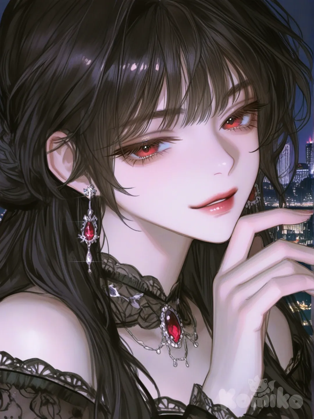 [semi-realistic-portrait-style] woman, beautiful, dress, embellishments, earrings, jewelry, black hair, red eyes, portrait, upper body, looking at viewer, city background, smirk, IMG_4331