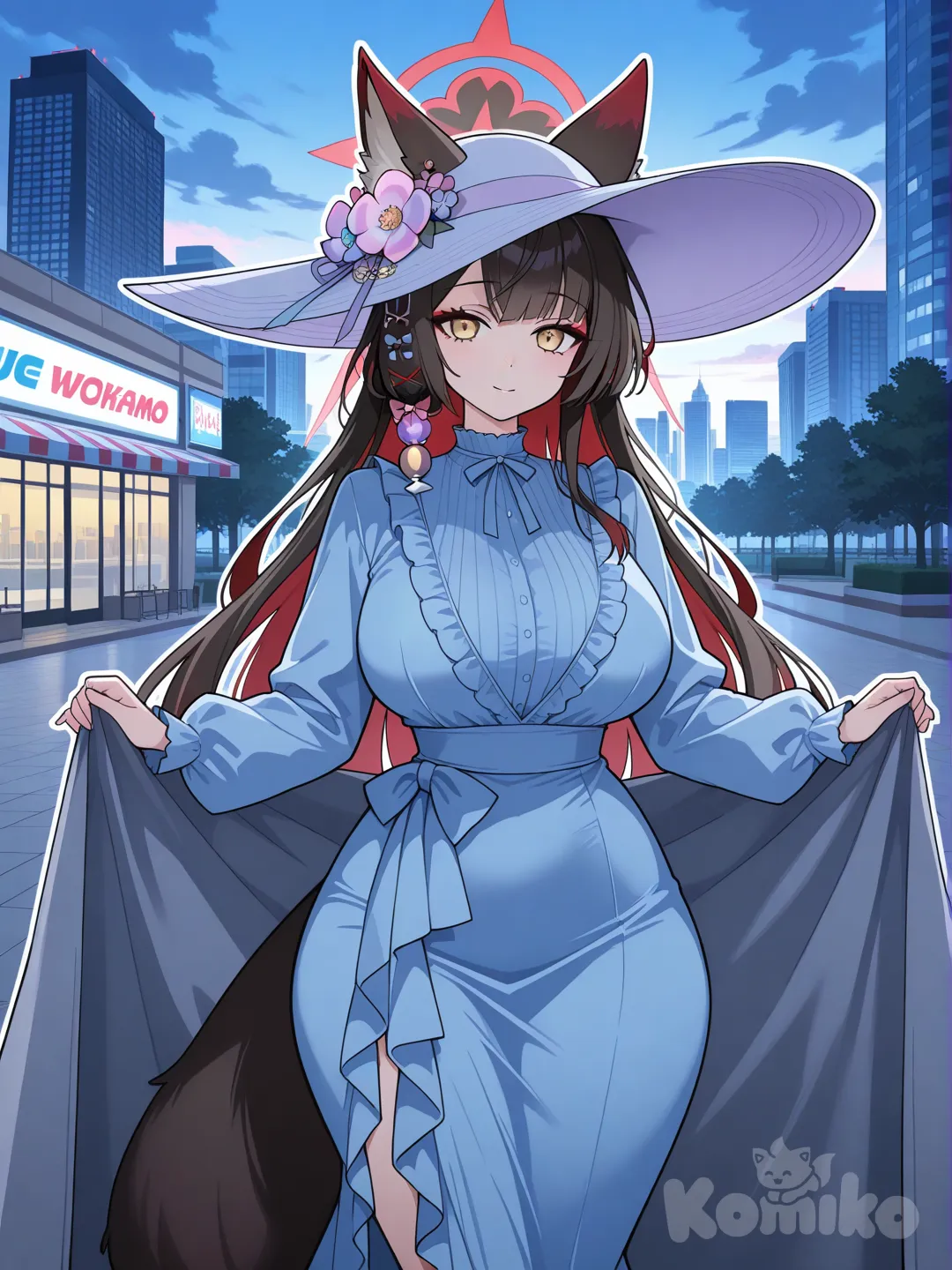 wakamo (blue archive) vestido formal color Celeste , sombrero para salir , tomando una manteada,curvas , blue sky, cloud, restaurant, convenience store, skyscraper, park, cinematic lighting, ambient light, anime coloring, comic shading, thick outline, soft shadow