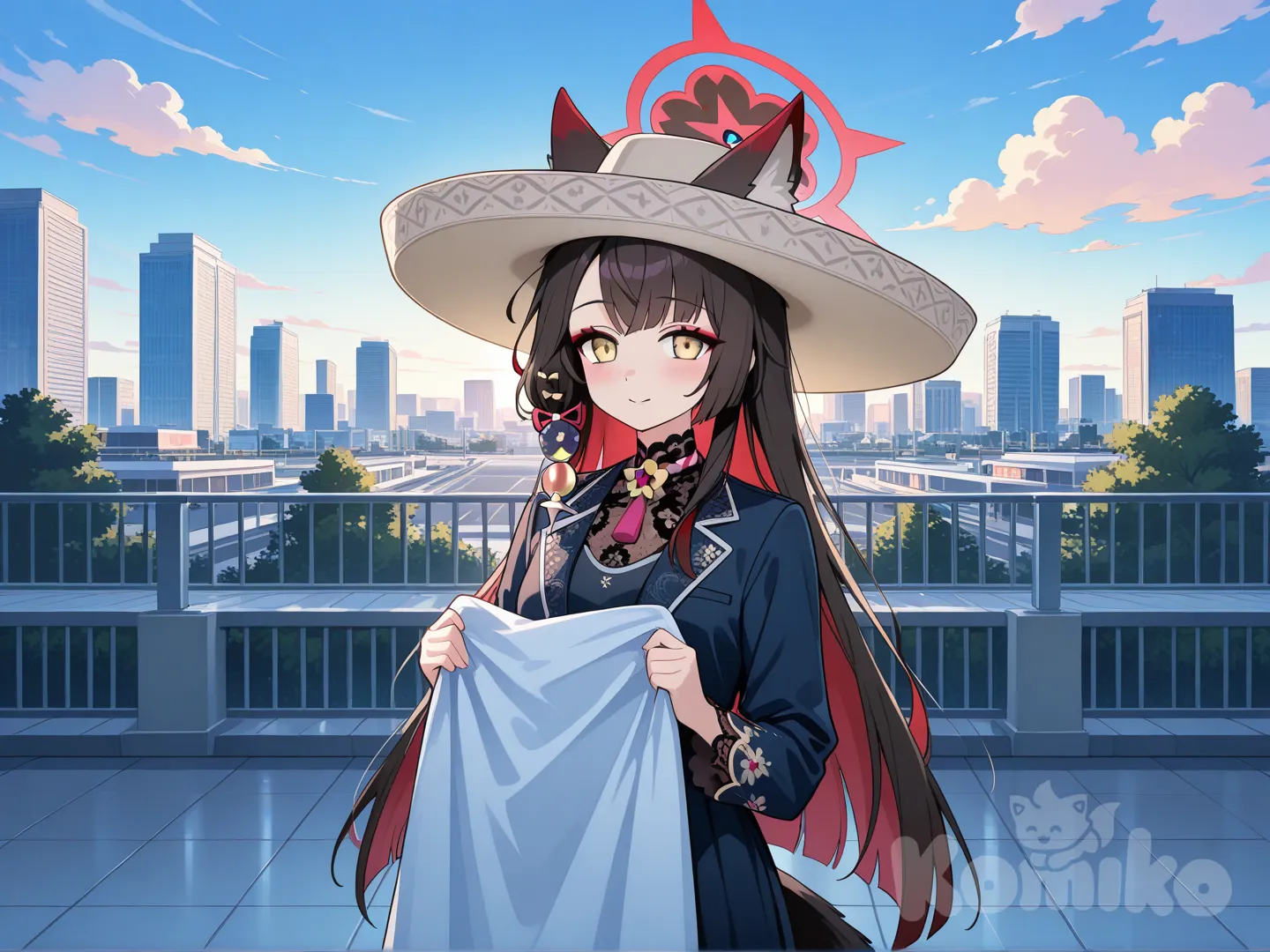 wakamo (blue archive) vestido formal, sombrero, tomando una manteada, blue sky, cloud, restaurant, convenience store, skyscraper, park, cinematic lighting, ambient light, anime coloring, comic shading, thick outline, soft shadow