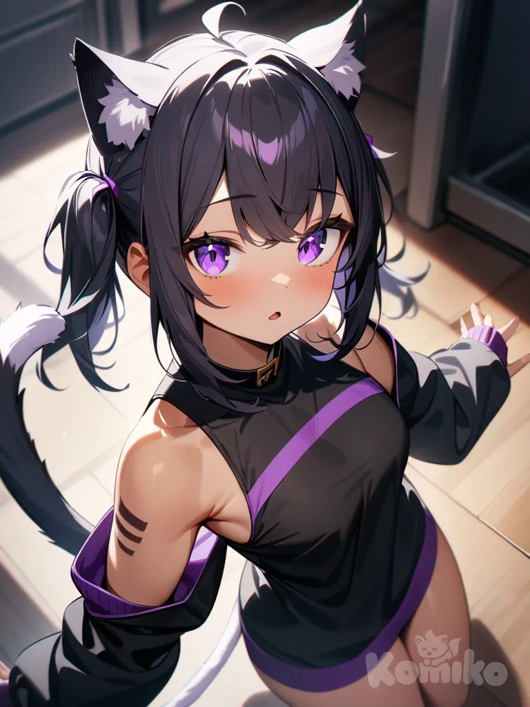 nekomata, black hair, twintails, purple eyes, light Tan, tail, cat ears, body markings