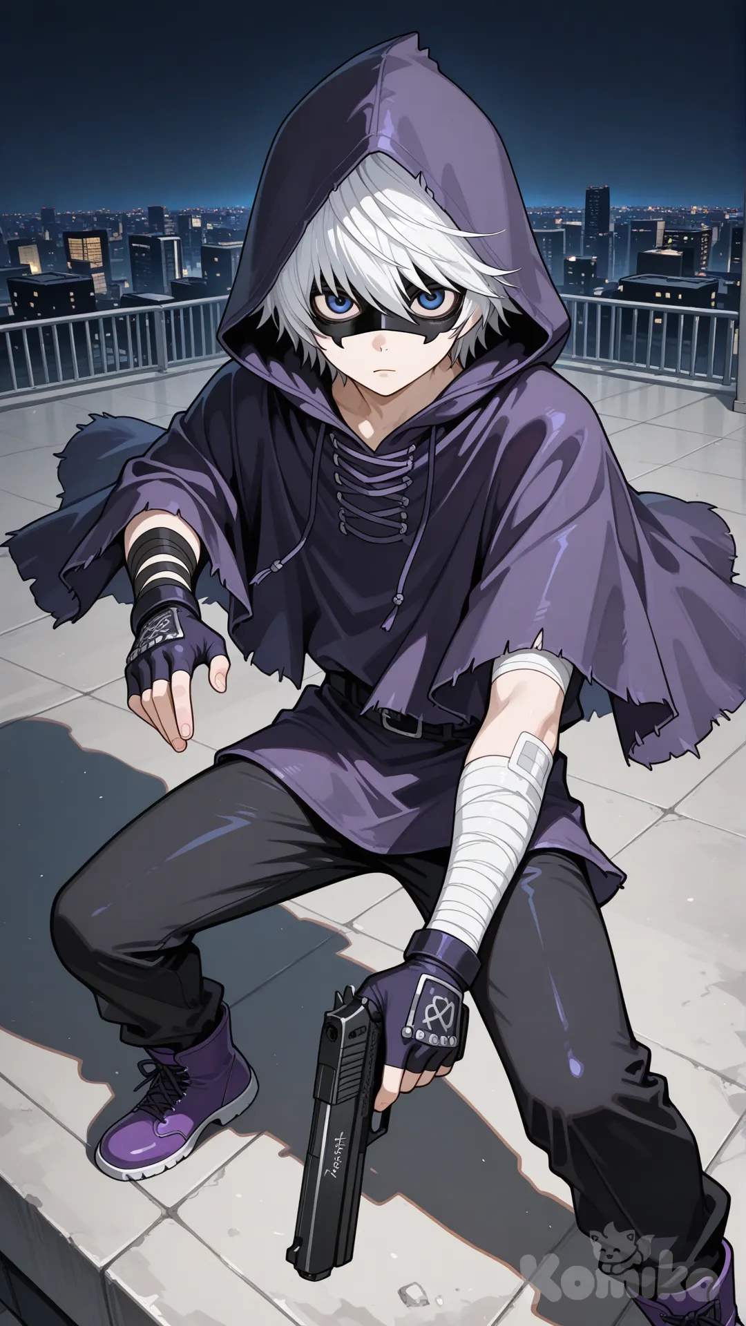 young japanese male, near (death note), blue eyes, expressionless, white hair, feathered dark purple poncho with hood, black body armor, black pants, purple boots, black arm bandages, raven domino mask, holding desert eagle, fingerless gloves, standing on roof, upper body, fighting stance