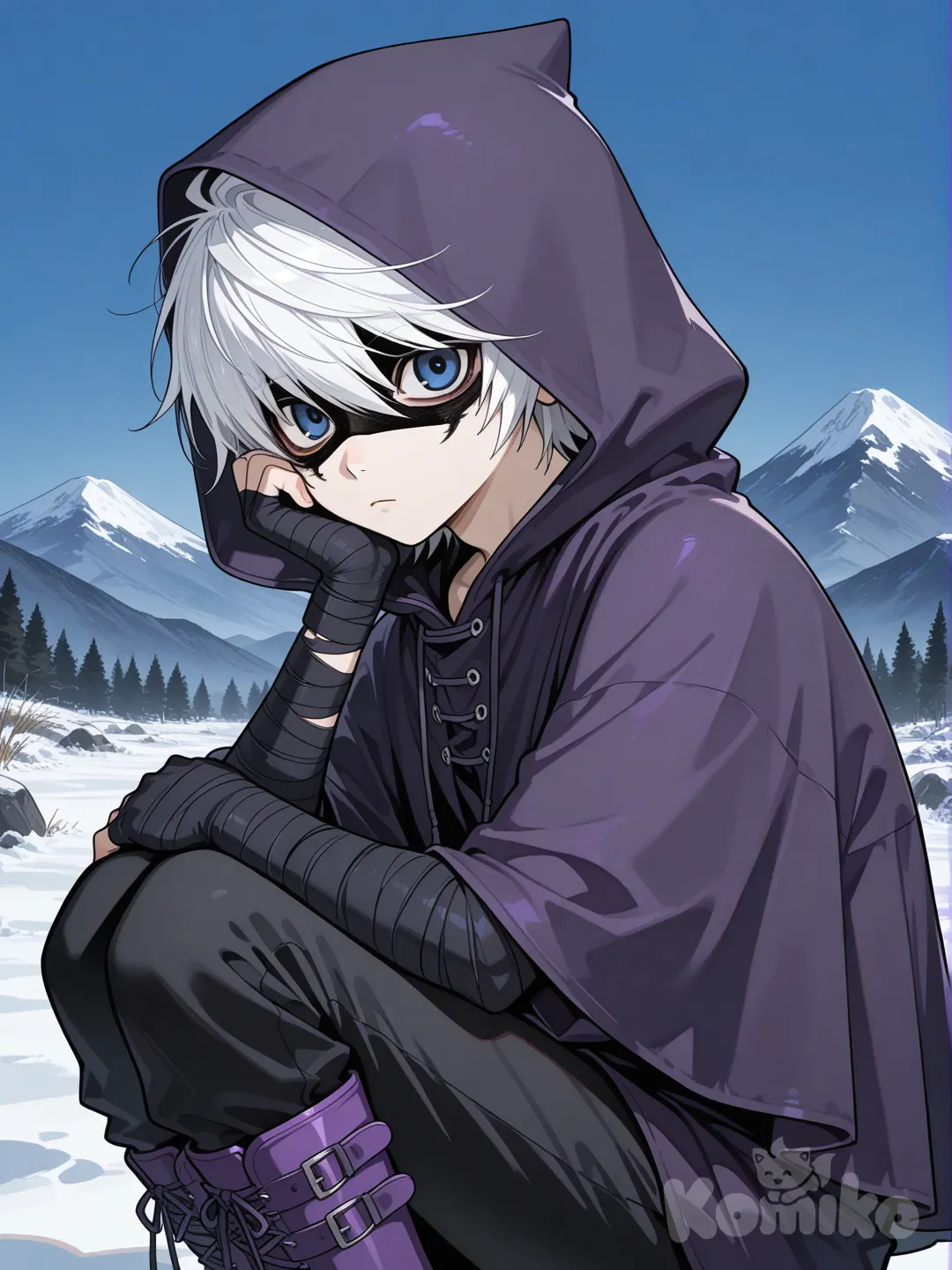 young japanese male, near (death note), blue eyes, expressionless, white hair, dark purple poncho with hood, black body armor, black pants, purple boots, black arm bandages, raven domino mask, fingerless gloves, mountain, looking at viewer, upper body, looking away