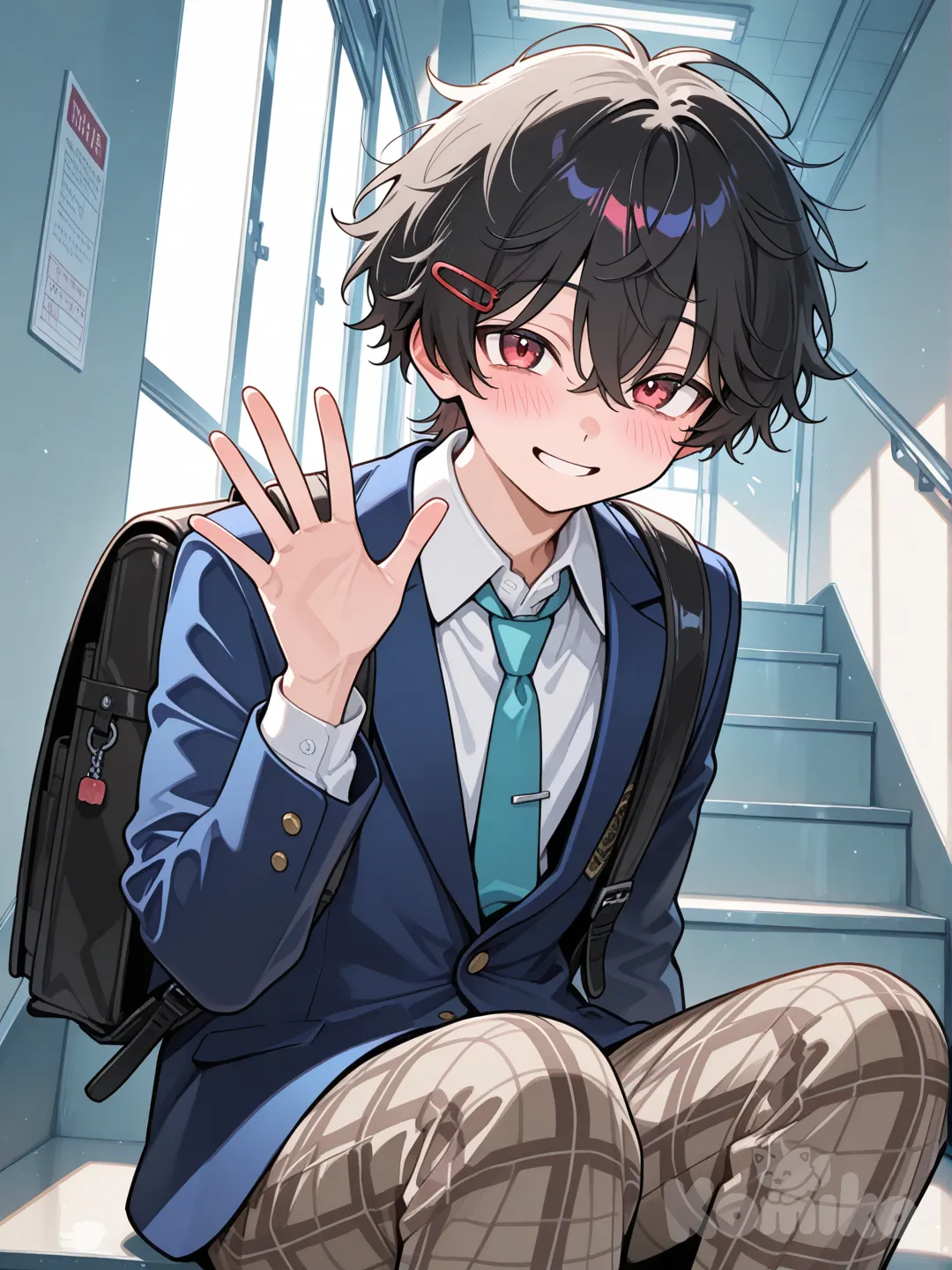 Teen suzuya juuzou, messy black hair, light smile, red eyes, red hairpin, blue blazer, turquoise tie, light brown plaid pants, upper body, backpack, 1boy, school hallway, blush, sitting on stairs, waving