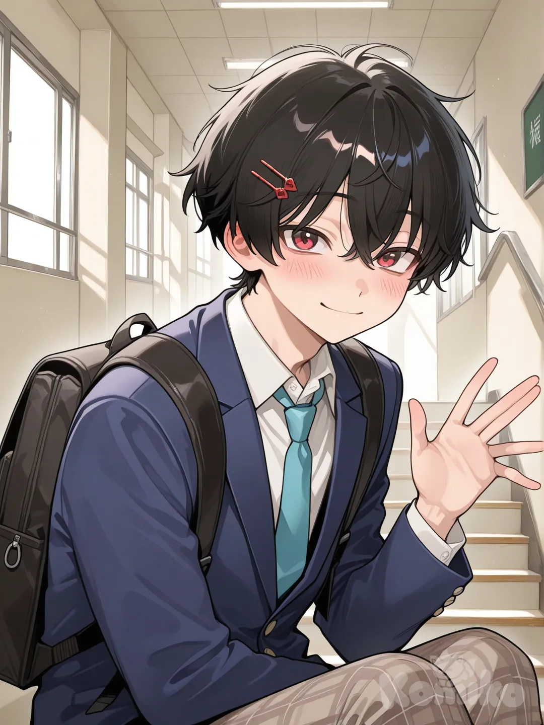 Teen suzuya juuzou, messy black hair, light smile, red eyes, red hairpin, blue blazer, turquoise tie, light brown plaid pants, upper body, backpack, 1boy, school hallway, blush, sitting on stairs, waving