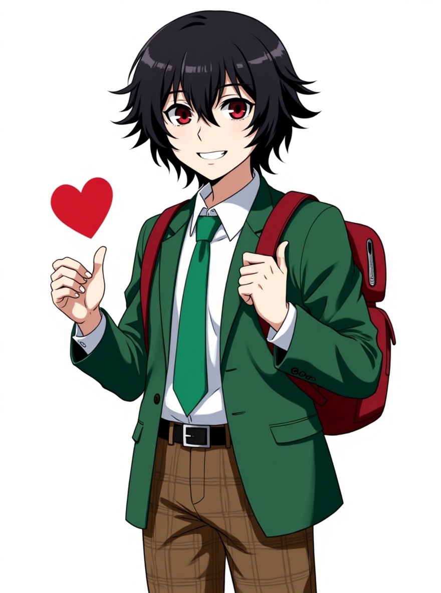 1boy, juuzou_suzuya, teen, messy black hair, smile, red eyes, red hairpin, green blazer, green tie, brown plaid pants, backpack, heart hands, single character, full body, looking at viewer, anime style, simple background, white background